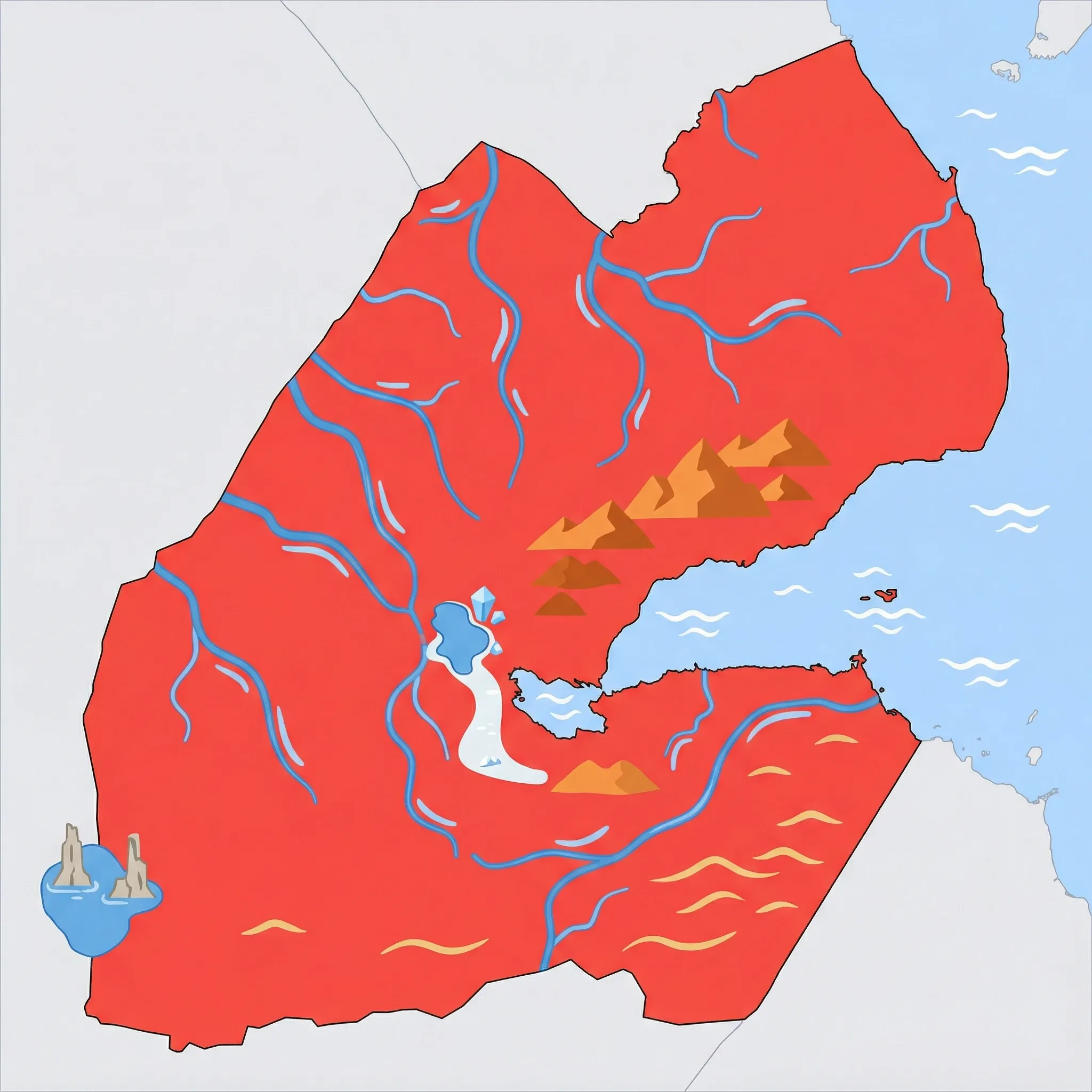 Colourful illustrated map of Djibouti showing 1 tourist regions including Djibouti, decorated with iconic landmarks like Lake Abbe, Lake Assal, Moucha Island, and Lake Assal Salt Plain Path, with geographic features including Lake Assal, Lake Abbe, Gulf of Tadjoura, and Goda Mountains.