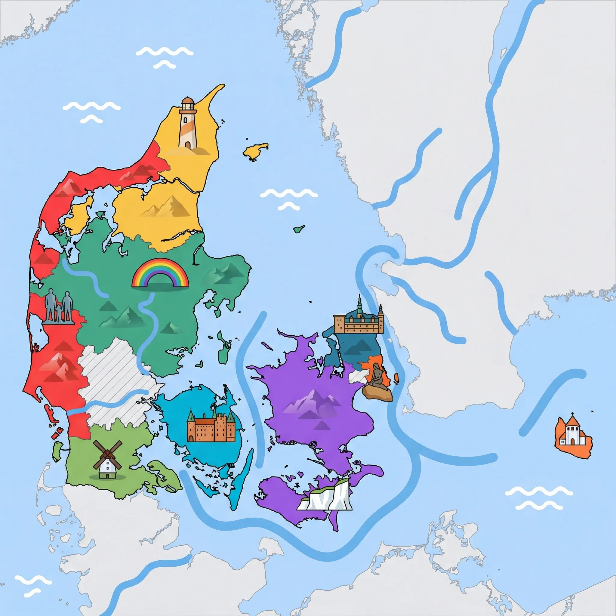 Colourful illustrated map of Denmark showing 9 tourist regions including Central & East Jutland (Midt- & Østjylland), Bornholm, and Greater Copenhagen (Storkøbenhavn), decorated with iconic landmarks like ARoS Rainbow Panorama, Round Medieval Church, The Little Mermaid Statue, Kronborg Castle, and Dybbøl Mill, with geographic features including North Sea, Baltic Sea, Kattegat, and Skagerrak.