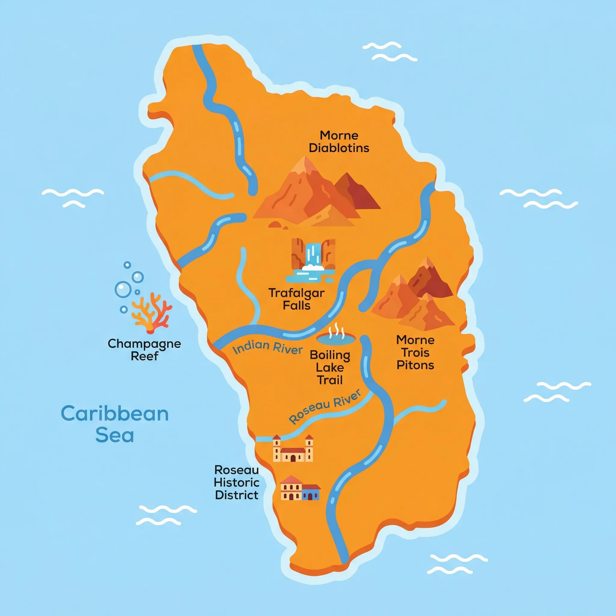 Colourful illustrated map of Dominica showing 1 tourist regions including Dominica, decorated with iconic landmarks like Champagne Reef, Trafalgar Falls, Boiling Lake Trail, and Roseau Historic District, with geographic features including Morne Trois Pitons, Boiling Lake, Morne Diablotins, and Indian River.