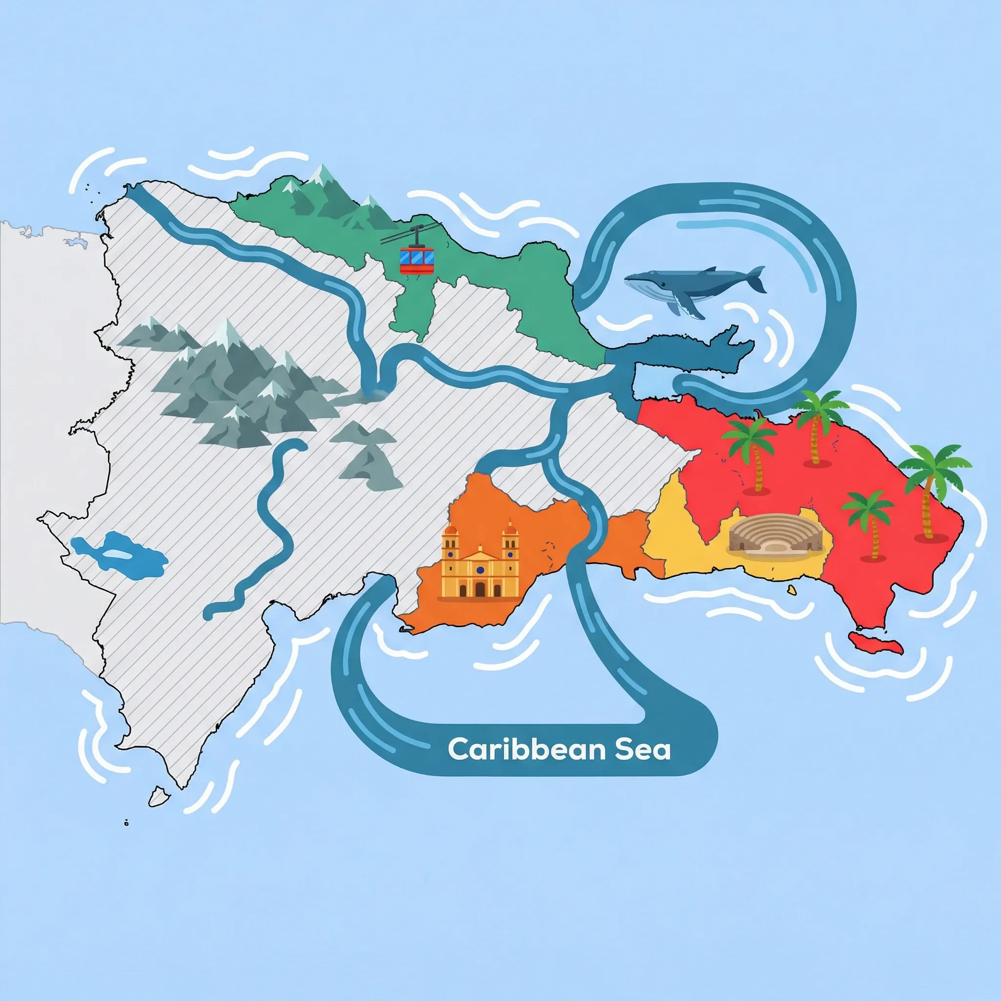 Colourful illustrated map of Dominican Republic showing 5 tourist regions including Santo Domingo, Puerto Plata & North Coast, and Punta Cana & East, decorated with iconic landmarks like Catedral Primada de América, Mount Isabel de Torres Cable Car, Coconut Palm Trees, Humpback Whale, and Altos de Chavón Amphitheater, with geographic features including Cordillera Central, Pico Duarte, Lake Enriquillo, and Samaná Bay.