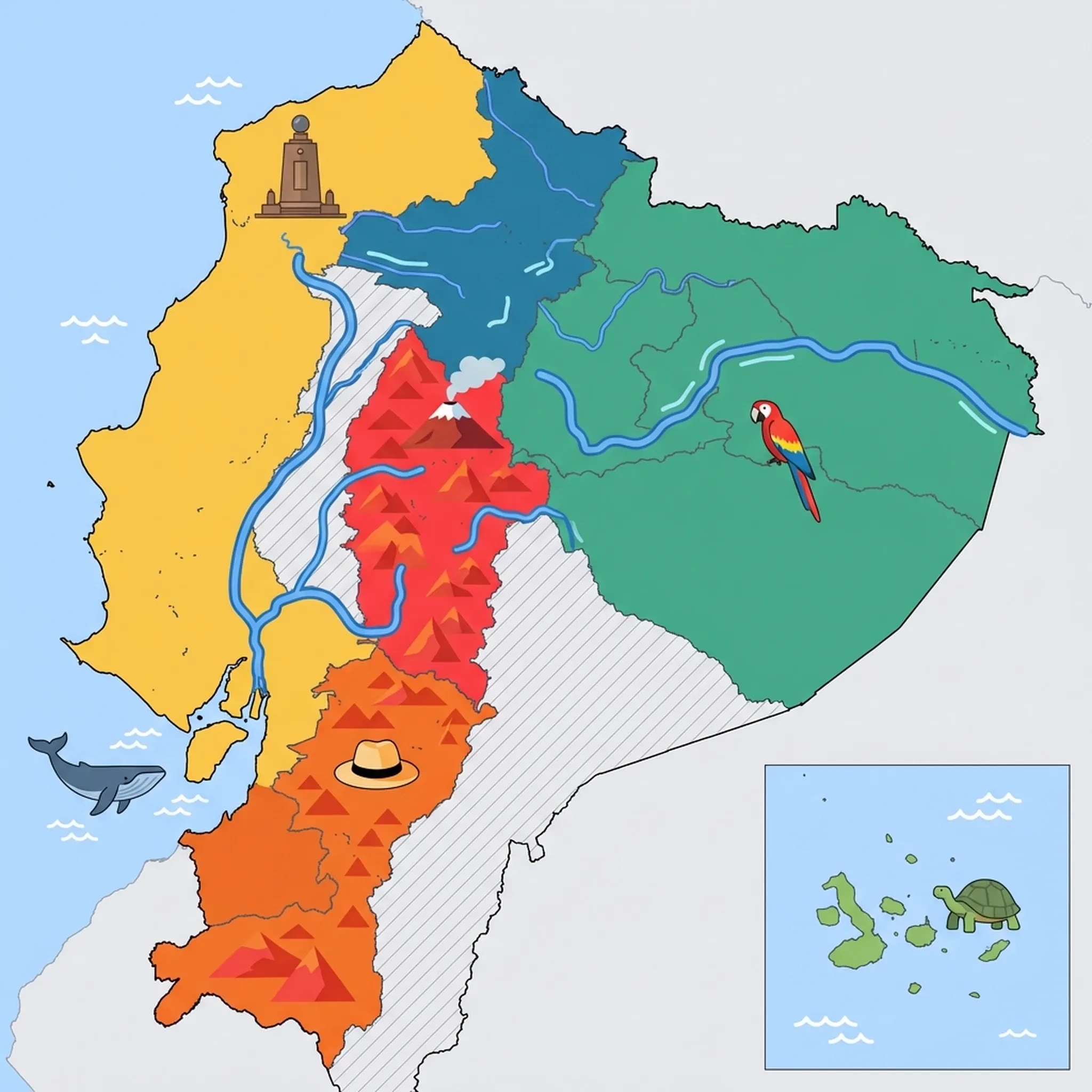 Colourful illustrated map of Ecuador showing 6 tourist regions including Quito & Northern Highlands, Amazon (Coca, Tena), and Galápagos Islands, decorated with iconic landmarks like Mitad del Mundo Monument, Scarlet Macaw, Giant Tortoise, Panama Hat, and Cotopaxi Volcano, with geographic features including Andes Mountains, Amazon Basin, Napo River, and Cotopaxi Volcano.