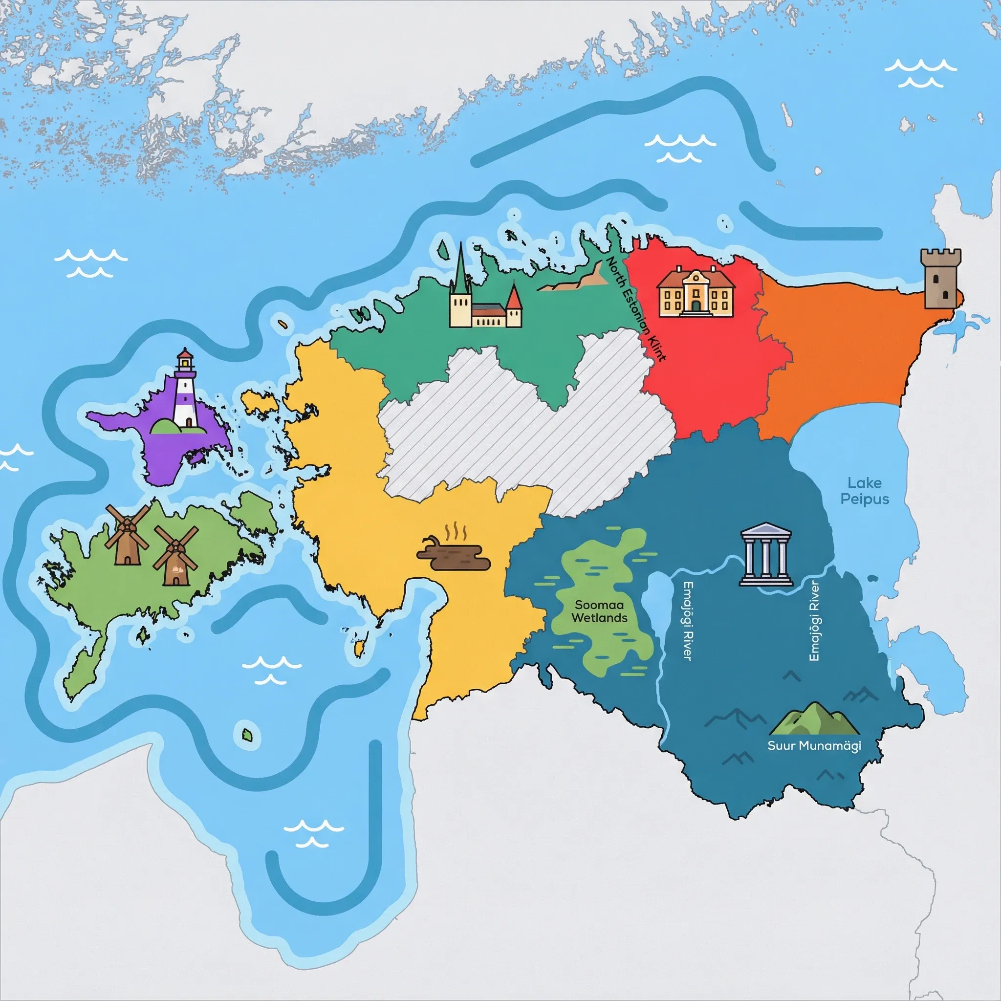 Colourful illustrated map of Estonia showing 7 tourist regions including West Coast & Pärnu, Saaremaa & Muhu Islands, and Lahemaa & Northern Coast, decorated with iconic landmarks like Pärnu Mud Spa, Angla Wooden Windmills, Palmse Manor House, Tallinn Old Town Spires, and University of Tartu Columns, with geographic features including Baltic Sea, Gulf of Finland, Gulf of Riga, and Lake Peipus.