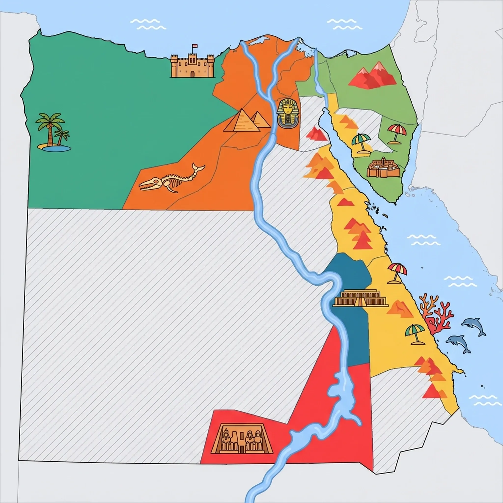 Colourful illustrated map of Egypt showing 6 tourist regions including Luxor & Upper Egypt, Alexandria, Mediterranean Coast & Siwa Oasis, and Sinai Beach Resorts, decorated with iconic landmarks like Mortuary Temple of Hatshepsut, Citadel of Qaitbay, Siwa Oasis, Mount Sinai, and breach umbrella, with geographic features including Nile River, Sahara Desert, Red Sea, and Suez Canal.