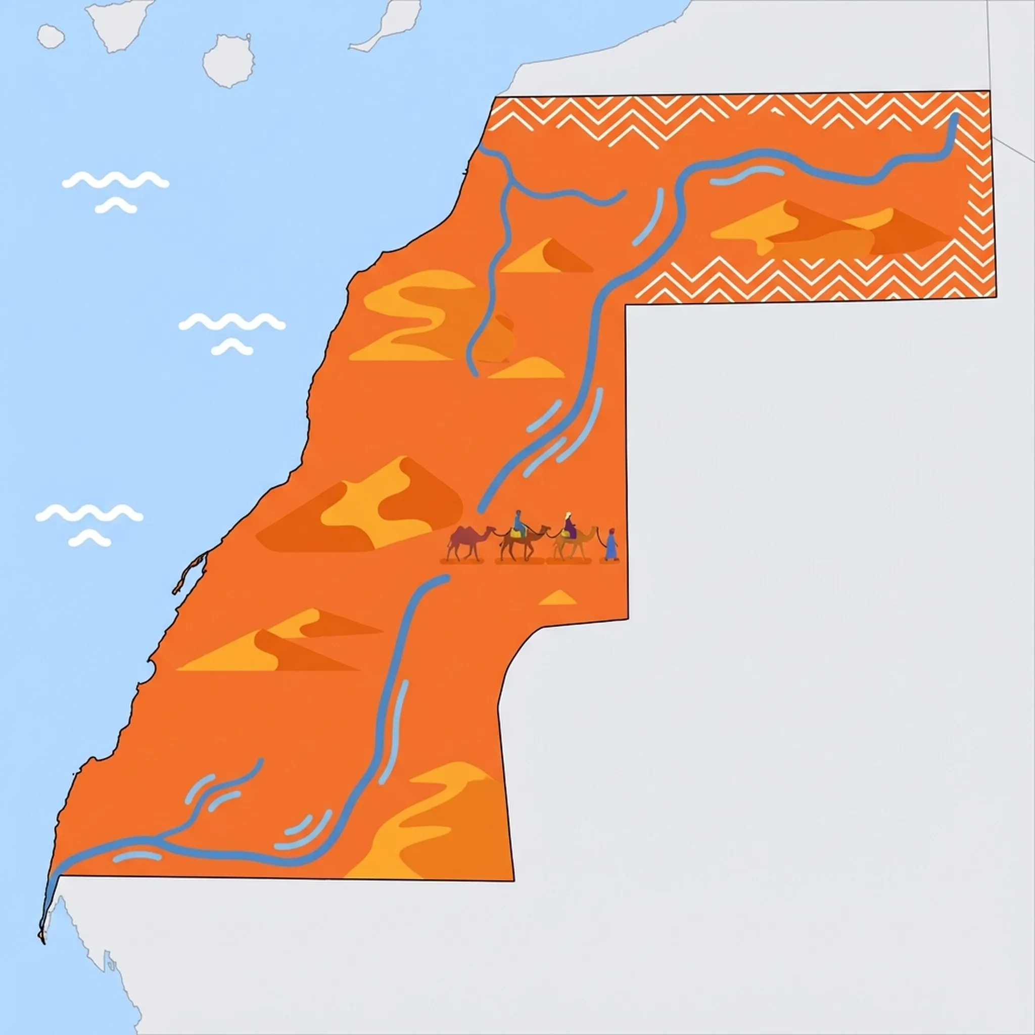 Colourful illustrated map of Western Sahara showing 1 tourist regions including Western Sahara, decorated with iconic landmarks like Dakhla Lagoon, Dakhla Lighthouse, Foum el-Oued Beach, and Cathedral of Saint Francis of Assisi, with geographic features including Atlantic Ocean, Sahara Desert, Dakhla Lagoon, and Saguia el-Hamra.