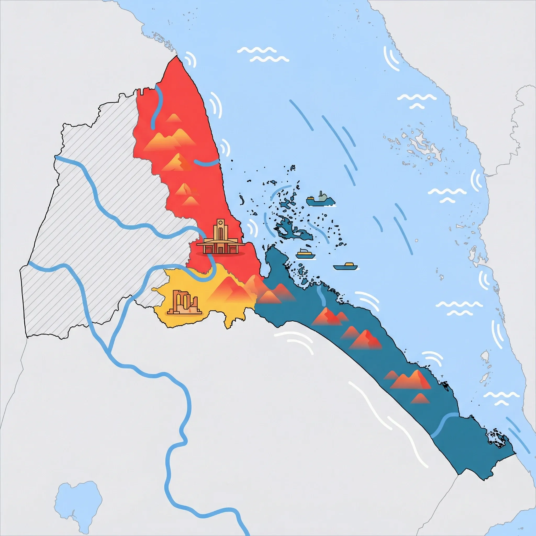 Colourful illustrated map of Eritrea showing 3 tourist regions including Asmara, Massawa & Coast, Southern Highlands, decorated with iconic landmarks like Fiat Tagliero Building, Dahlak Archipelago, and Qohaito Plateau Ruins, with geographic features including Red Sea, Eritrean Highlands, Danakil Depression, and Dahlak Archipelago.