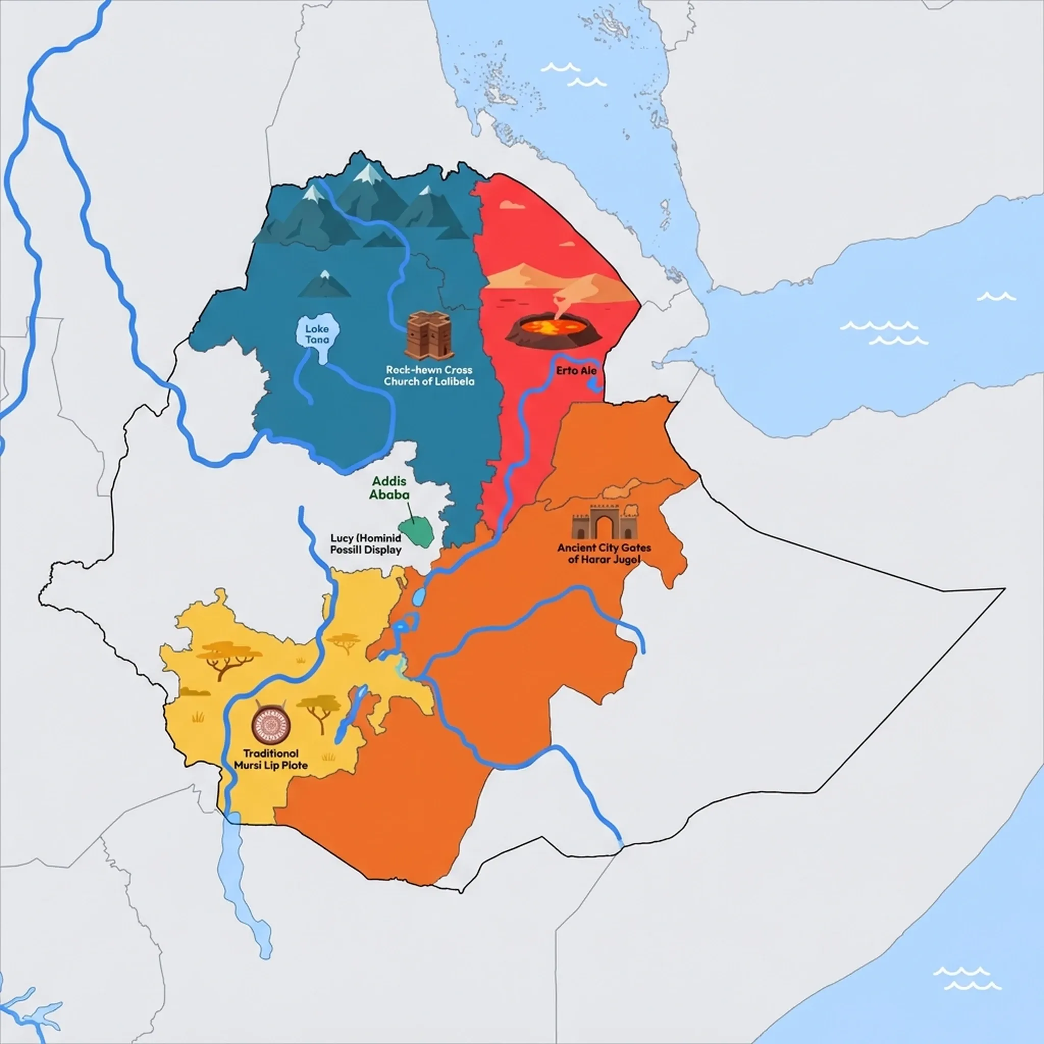 Colourful illustrated map of Ethiopia showing 5 tourist regions including Omo Valley & South, Danakil Depression & Afar, and Addis Ababa, decorated with iconic landmarks like Traditional Mursi Lip Plate, Erta Ale Lava Lake, Lucy (Hominid Fossil) Display, Ancient City Gates of Harar Jugol, and Rock-hewn Cross Church of Lalibela, with geographic features including Ethiopian Highlands, Great Rift Valley, Blue Nile River, and Lake Tana.