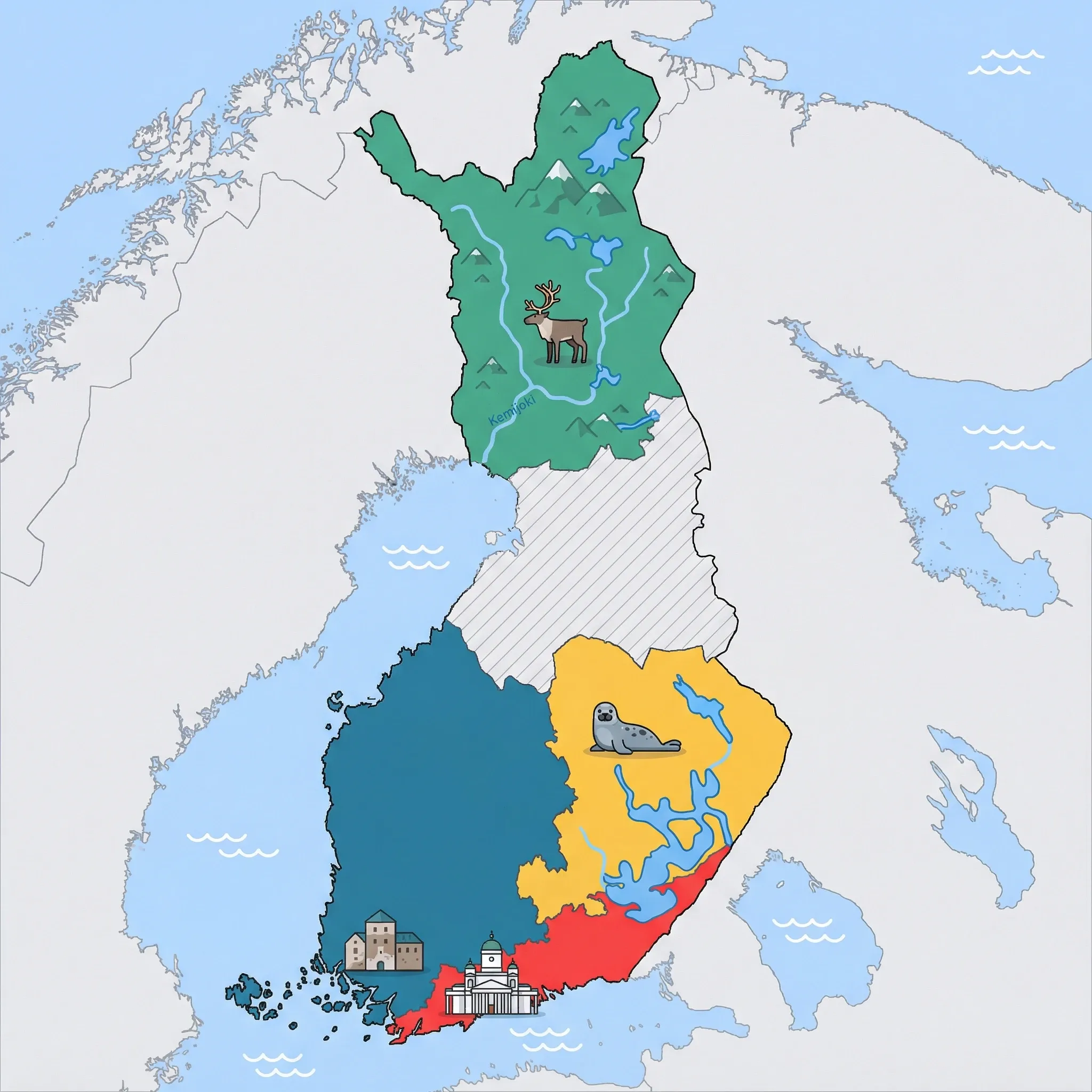 Colourful illustrated map of Finland showing 4 tourist regions including Helsinki & South Coast, Turku & Southwest, and Finnish Lakeland, decorated with iconic landmarks like Helsinki Cathedral, Turku Castle, Saimaa Ringed Seal, and Reindeer, with geographic features including Lake Saimaa, Lake Inari, Archipelago Sea, and Baltic Sea.