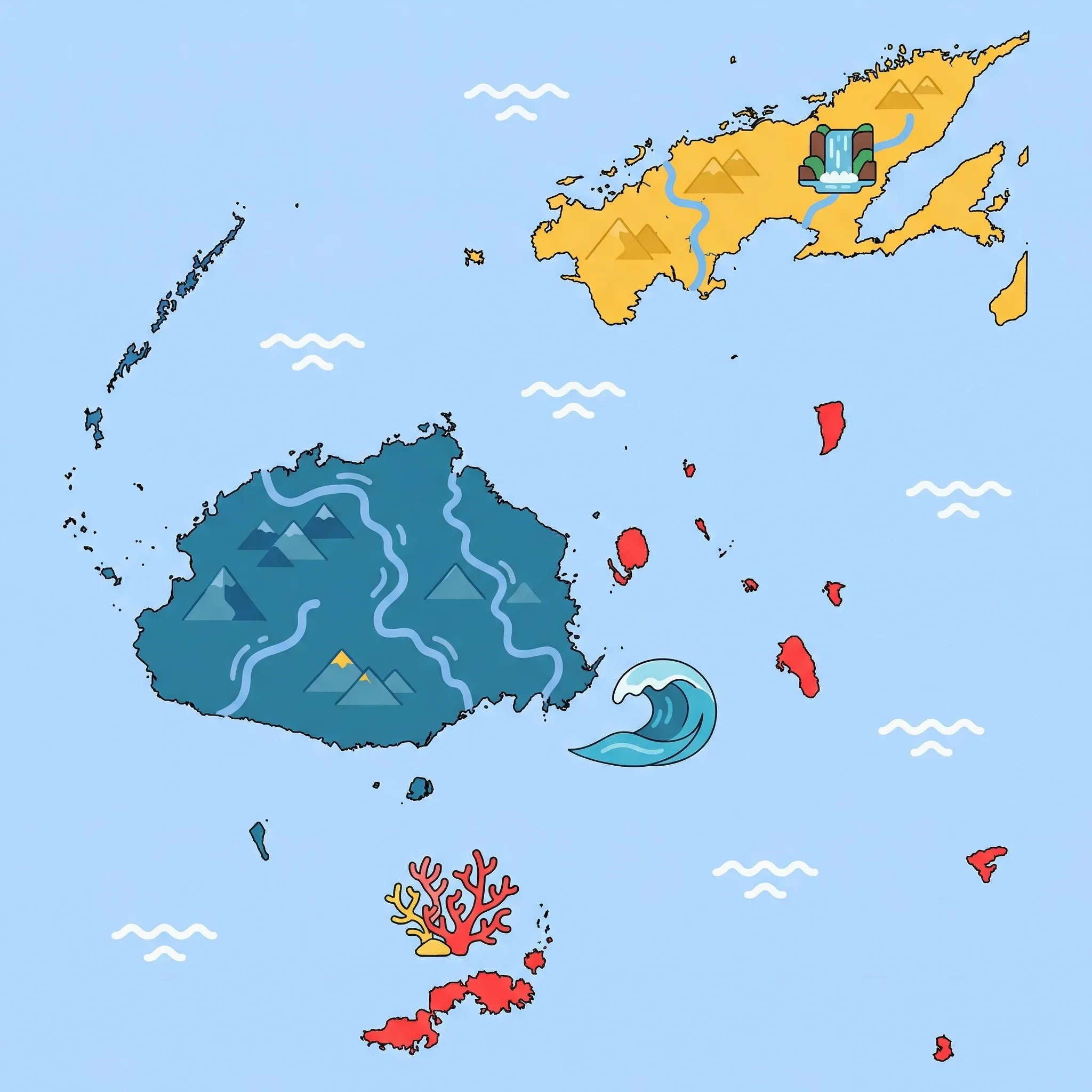 Colourful illustrated map of Fiji showing 3 tourist regions including Outer Islands, Viti Levu & Western Islands (Nadi, Mamanuca, Yasawa), Vanua Levu & Taveuni, decorated with iconic landmarks like Great Astrolabe Reef, Cloudbreak Surf Wave, and Tavoro Waterfalls, with geographic features including Viti Levu, Vanua Levu, Mount Tomanivi, and Sigatoka River.