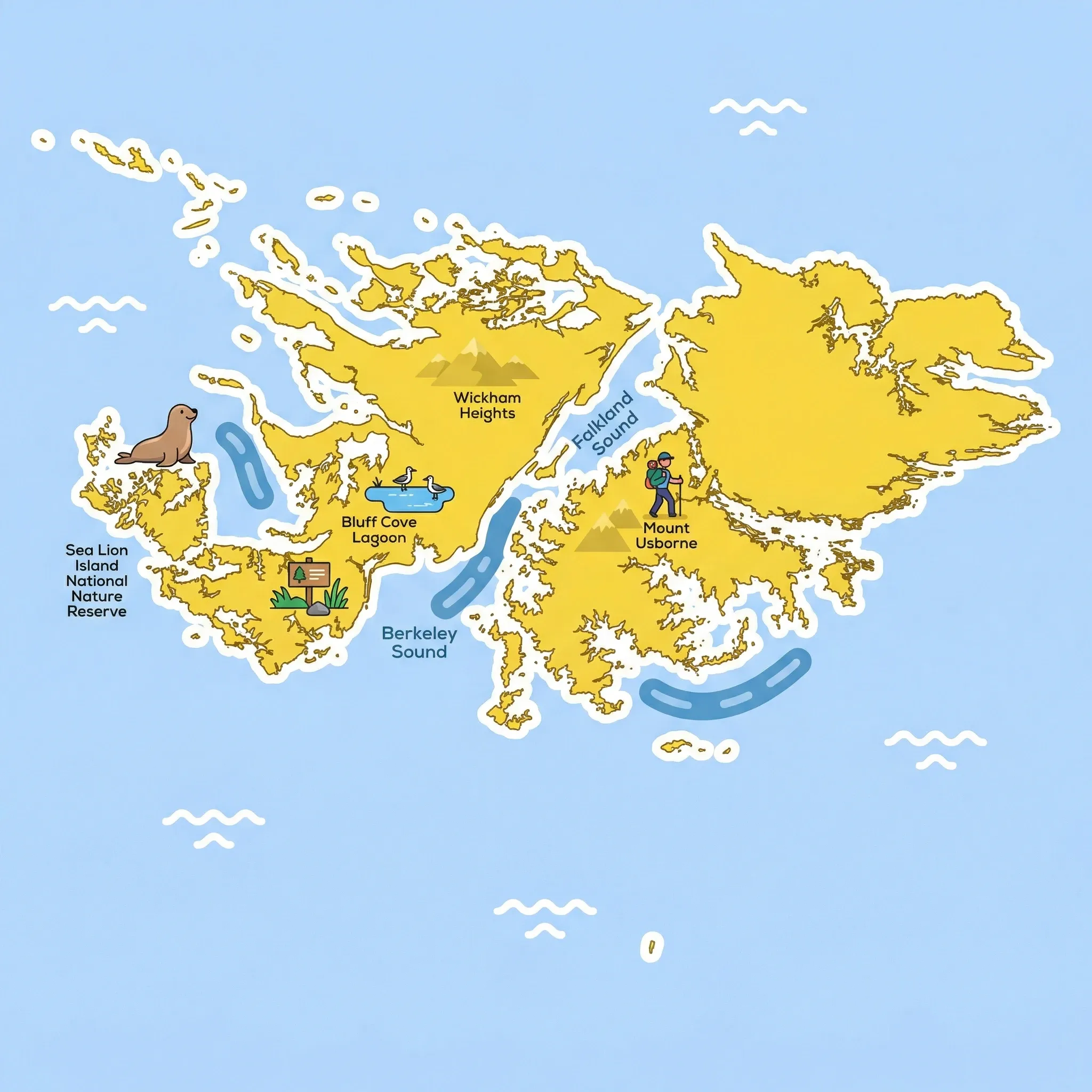 Colourful illustrated map of Falkland Islands showing 1 tourist regions including Falkland Islands, decorated with iconic landmarks like Sea Lion Island, Bluff Cove Lagoon, Mount Usborne Hike, and Sea Lion Island National Nature Reserve, with geographic features including East Falkland, West Falkland, Falkland Sound, and Mount Usborne.