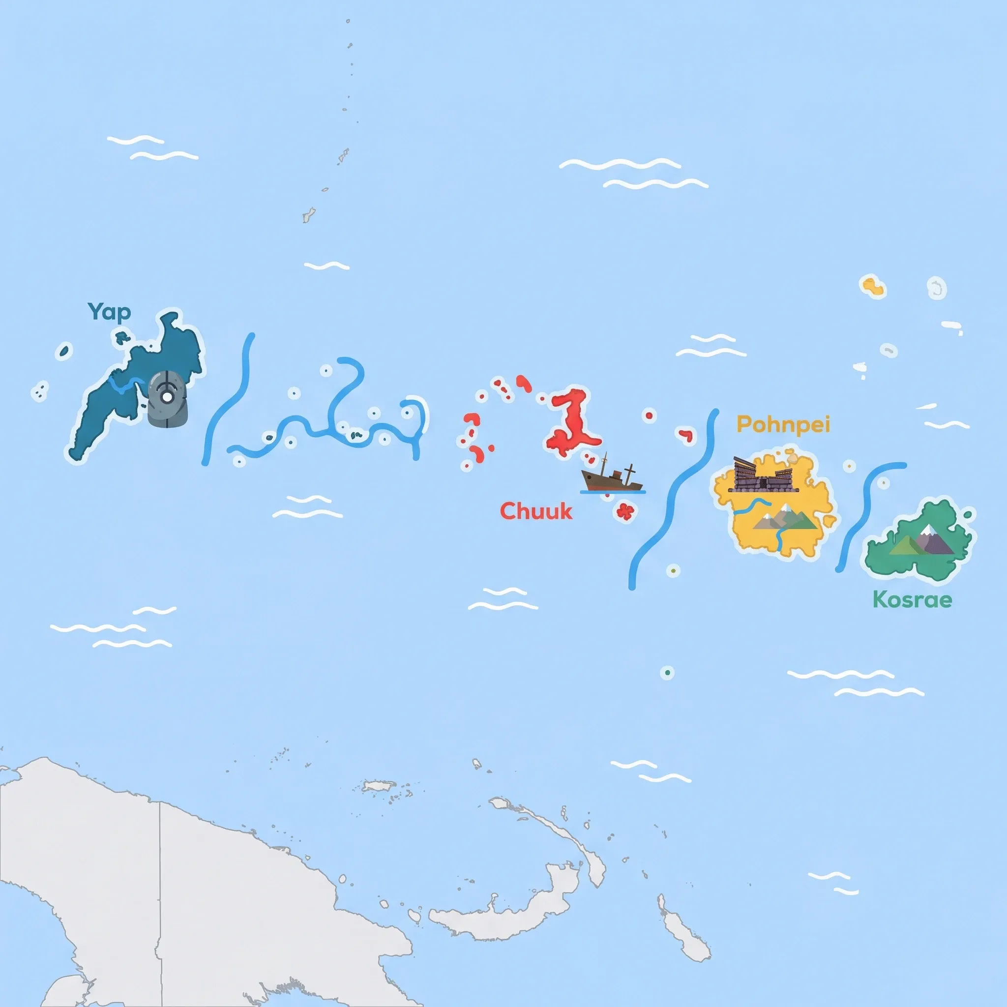 Colourful illustrated map of Micronesia showing 4 tourist regions including Chuuk (wreck diving), Pohnpei (Nan Madol), and Yap (traditional culture), decorated with iconic landmarks like WWII Shipwreck, Nan Madol Stone Ruins, Rai Stone Money, and Sleeping Lady Mountain, with geographic features including Truk Lagoon, Mount Finkol, Sokehs Rock, and Caroline Islands.