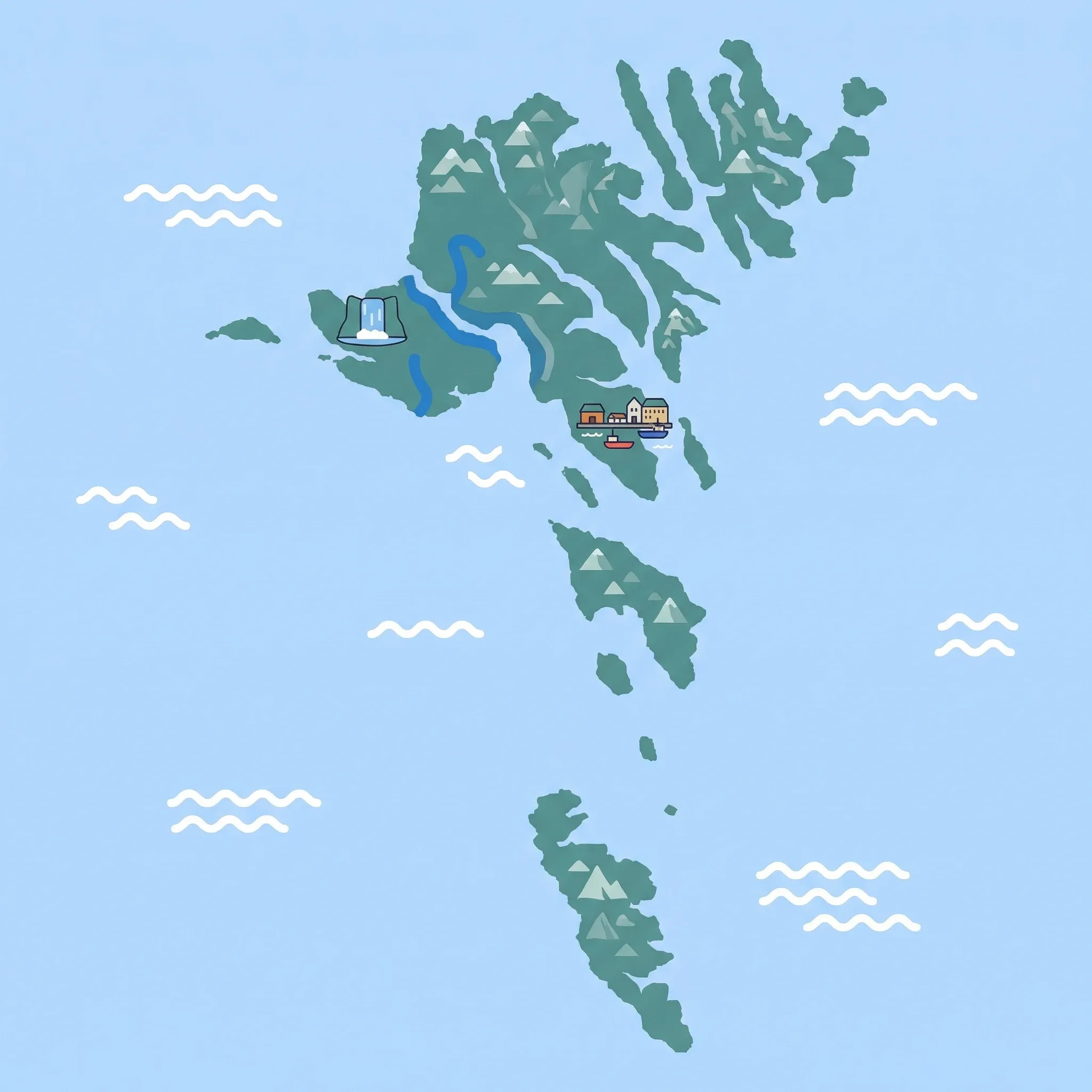 Colourful illustrated map of Faroe Islands showing 1 tourist regions including Faroe Islands, decorated with iconic landmarks like Múlafossur Waterfall, Lake Sørvágsvatn, and Tórshavn Harbour, with geographic features including Slættaratindur, Lake Sørvágsvatn, Vestmanna Cliffs, and Vágar Island.