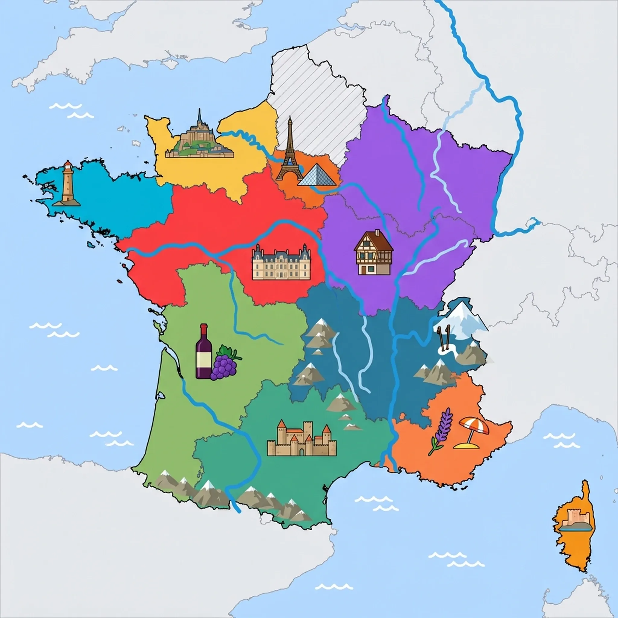 Colourful illustrated map of France showing 10 tourist regions including Lyon, Rhône Valley & French Alps, Loire Valley, and Normandy, decorated with iconic landmarks like Snow-capped mont blanc mountain Peak, Ski & Poles, Renaissance Château, Mont Saint-Michel Abbey, and Medieval Walled City, with geographic features including French Alps, Pyrenees Mountains, Massif Central, and Loire River.