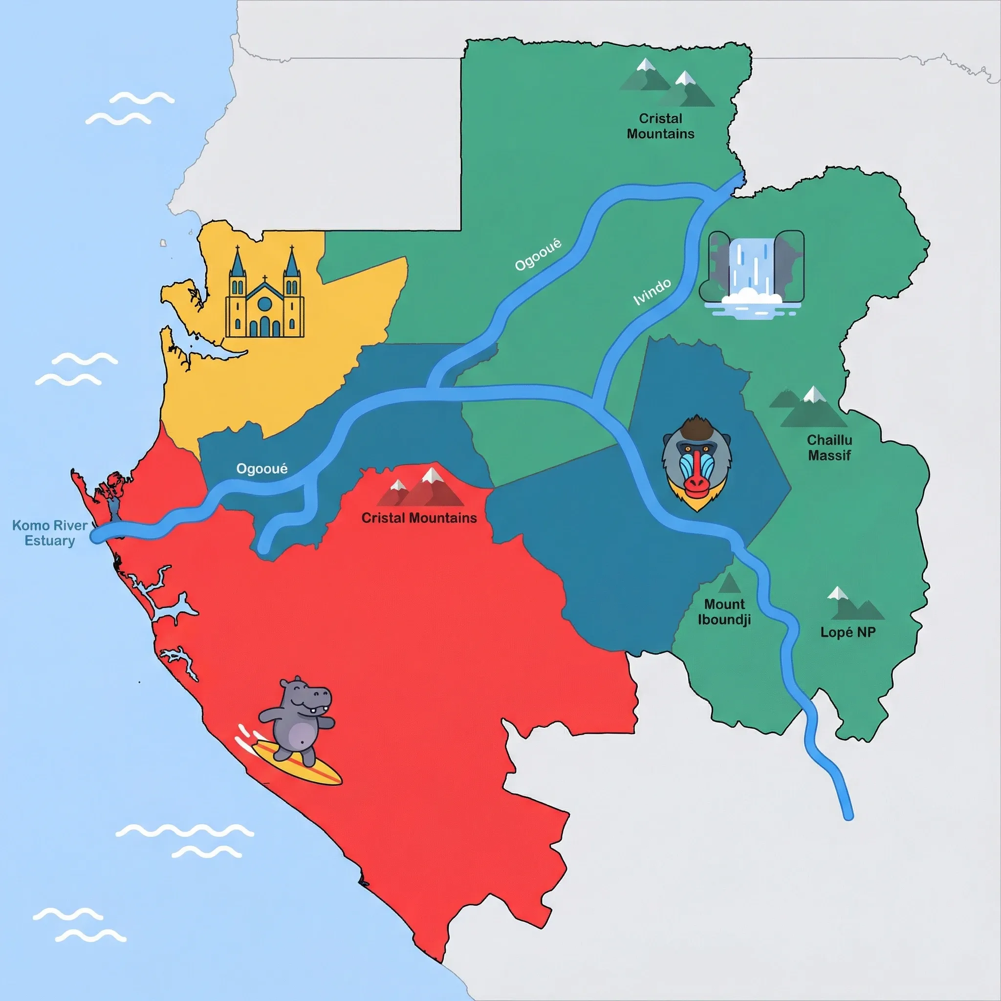 Colourful illustrated map of Gabon showing 4 tourist regions including Lopé NP (wildlife), Coastal Parks (beaches, whales), and Eastern Rainforest, decorated with iconic landmarks like Mandrill, Surfing Hippo, Kongou Falls, and St. Michael's Church, with geographic features including Ogooué River, Ivindo River, Cristal Mountains, and Chaillu Massif.