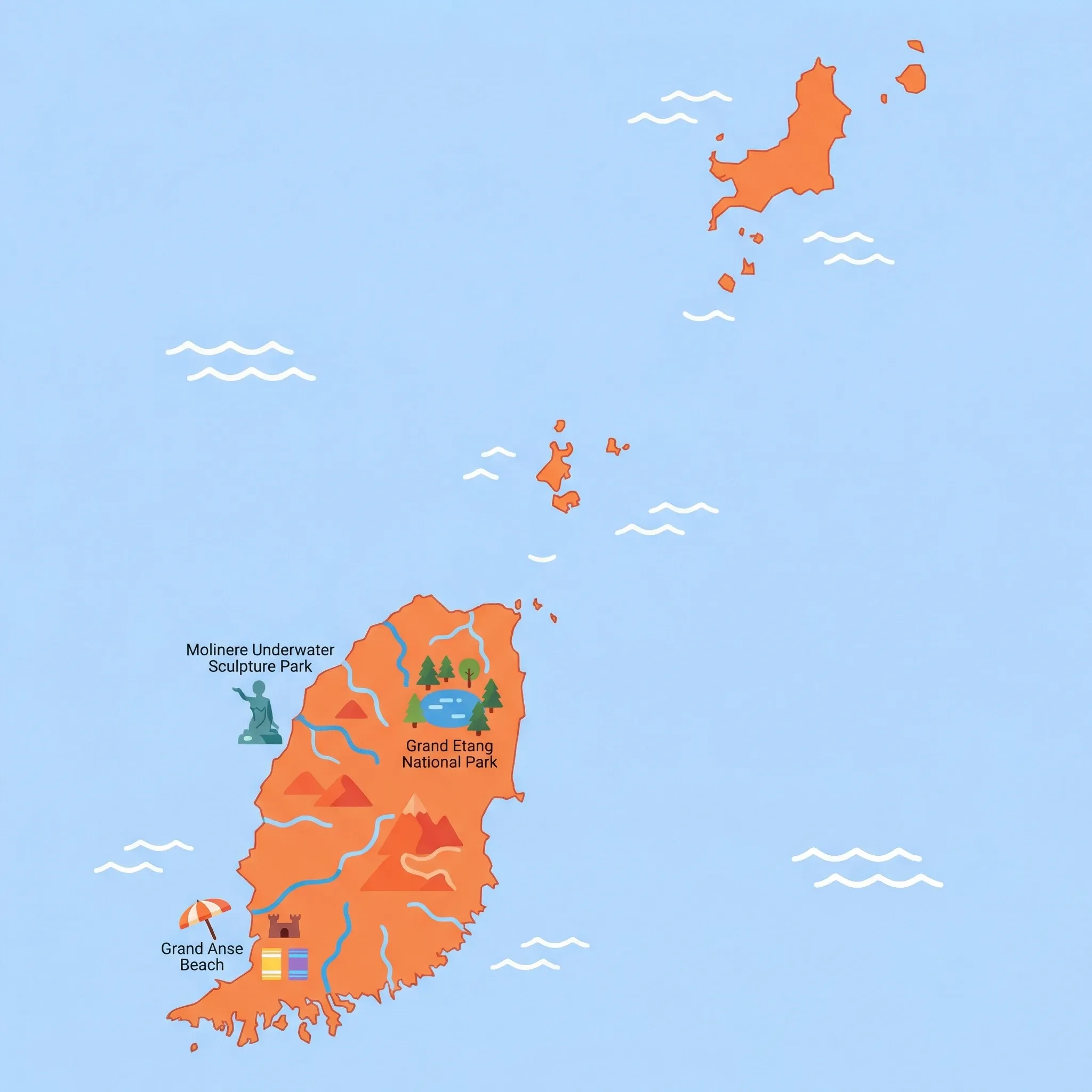 Colourful illustrated map of Grenada showing 1 tourist regions including Grenada and Carriacou, decorated with iconic landmarks like Grand Anse Beach, Grand Etang National Park, Molinere Underwater Sculpture Park, and Fort George, with geographic features including Mount Saint Catherine, Grand Etang Lake, Grand Anse Beach, and Grand Etang National Park.