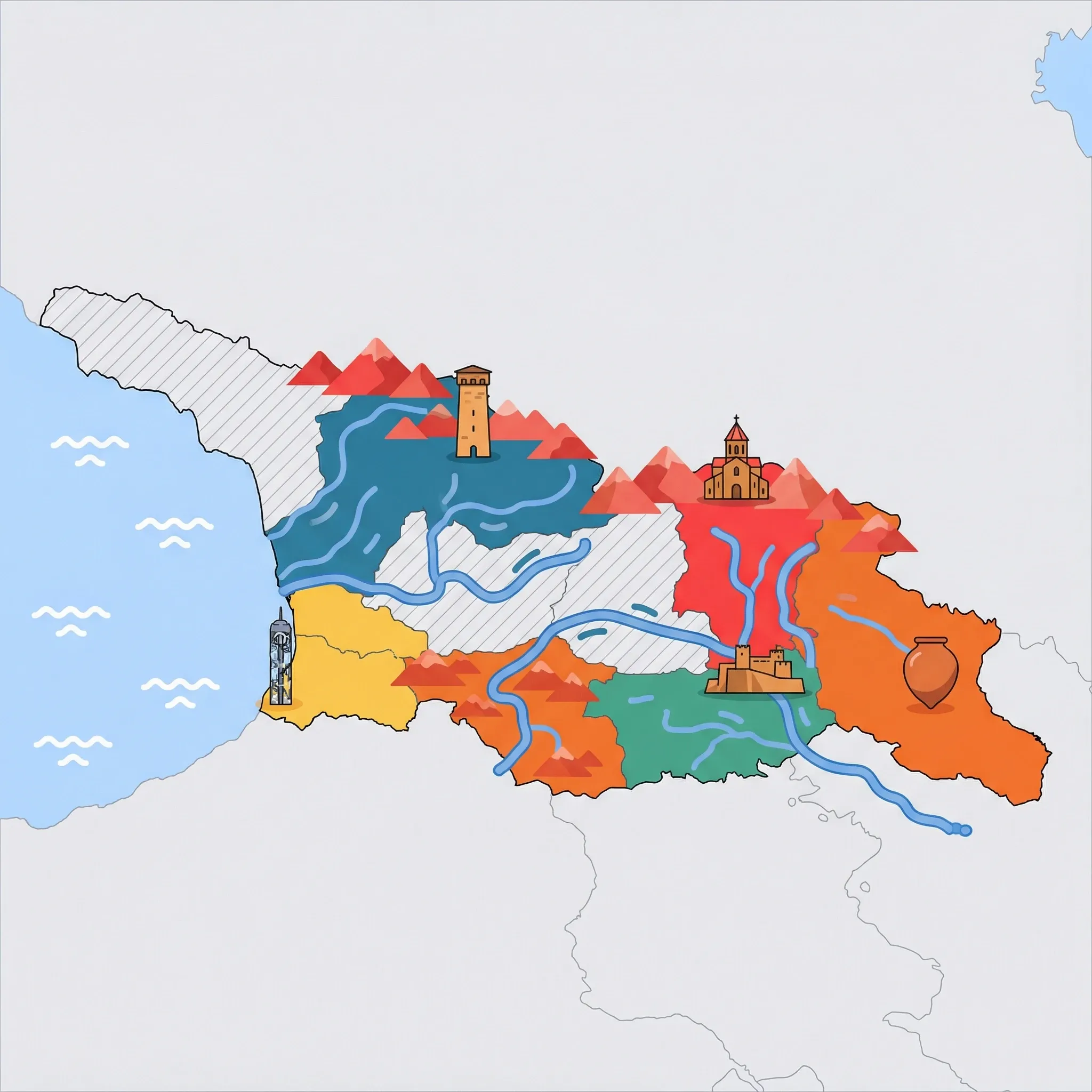 Colourful illustrated map of Georgia showing 5 tourist regions including Svaneti, Kazbegi & Greater Caucasus, and Batumi & Black Sea Coast, decorated with iconic landmarks like Svan Tower, Gergeti Trinity Church, Alphabetic Tower, Narikala Fortress, and Qvevri, with geographic features including Greater Caucasus Mountains, Black Sea, Kura River, and Mount Kazbek.
