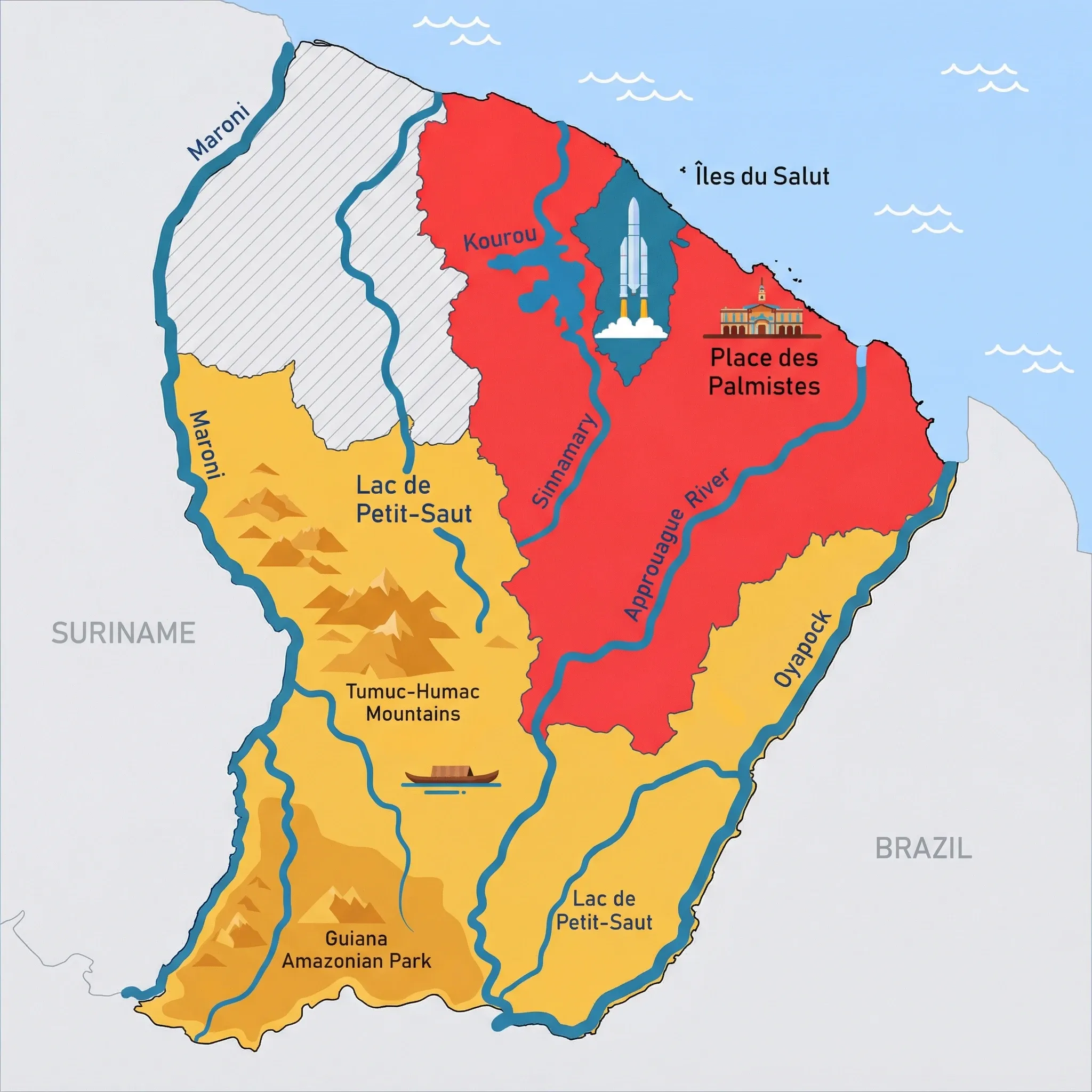 Colourful illustrated map of French Guiana showing 3 tourist regions including Cayenne, Kourou (Space Centre), Interior Rainforest, decorated with iconic landmarks like Place des Palmistes, Ariane Rocket, and Traditional Pirogue, with geographic features including Maroni River, Oyapock River, Tumuc-Humac Mountains, and Guiana Amazonian Park.