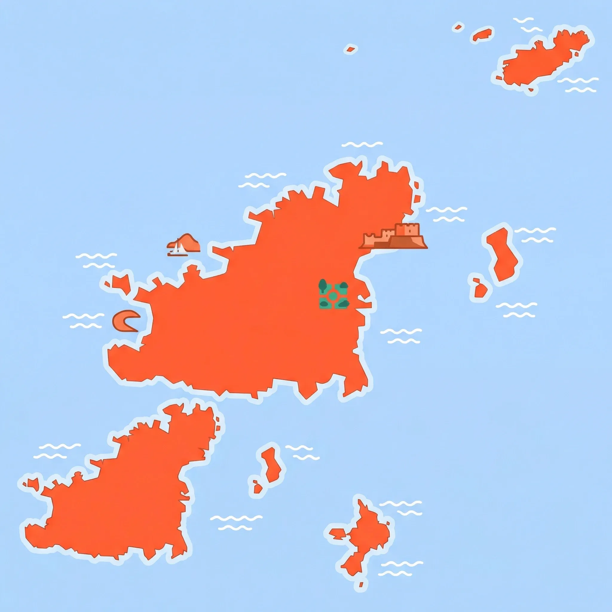 Colourful illustrated map of Guernsey showing 1 tourist regions including Guernsey, decorated with iconic landmarks like Castle Cornet, Cobo Bay, Vazon Bay, and Candie Gardens, with geographic features including English Channel, St Peter Port Harbour, Vazon Bay, and Cobo Bay.