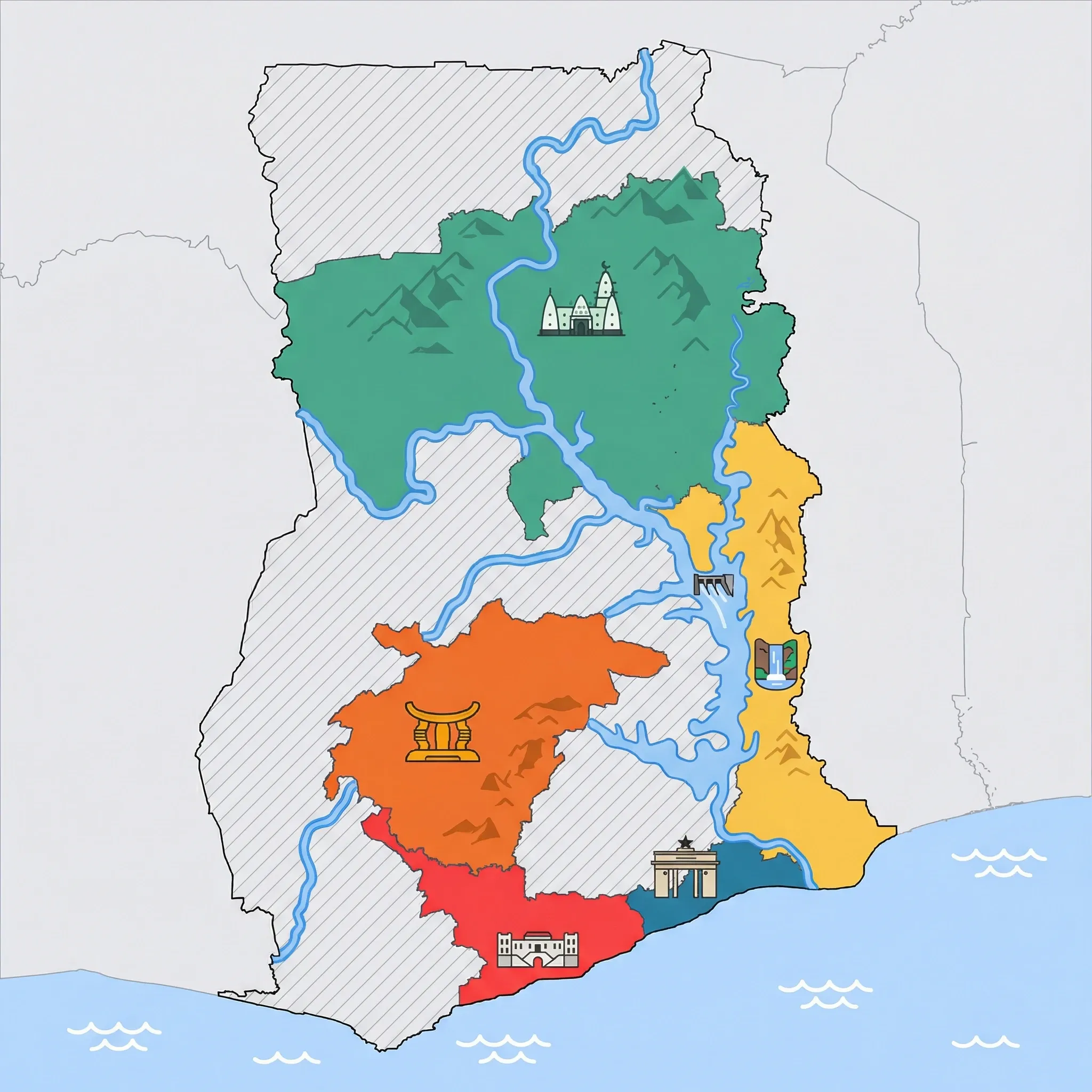 Colourful illustrated map of Ghana showing 5 tourist regions including Kumasi & Ashanti Region, Cape Coast & Central Region (slave castles), and Northern Ghana (Mole NP), decorated with iconic landmarks like Golden Stool, Cape Coast Castle, Larabanga Mosque, Independence Arch, and Wli Waterfalls, with geographic features including Lake Volta, Gulf of Guinea, Black Volta River, and White Volta River.