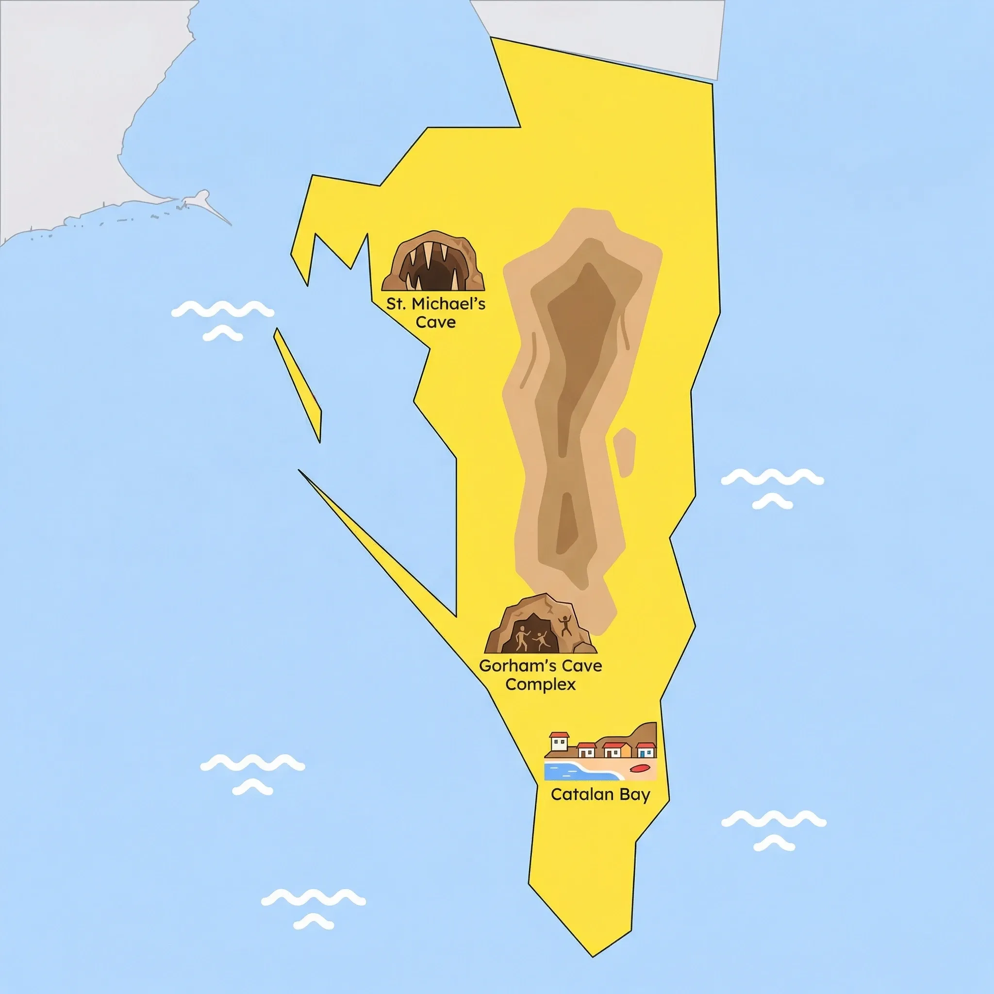 Colourful illustrated map of Gibraltar showing 1 tourist regions including Gibraltar, decorated with iconic landmarks like St. Michael's Cave, Gorham's Cave Complex, Upper Rock Nature Reserve, and Catalan Bay, with geographic features including Rock of Gibraltar, Strait of Gibraltar, Bay of Gibraltar, and Europa Point.