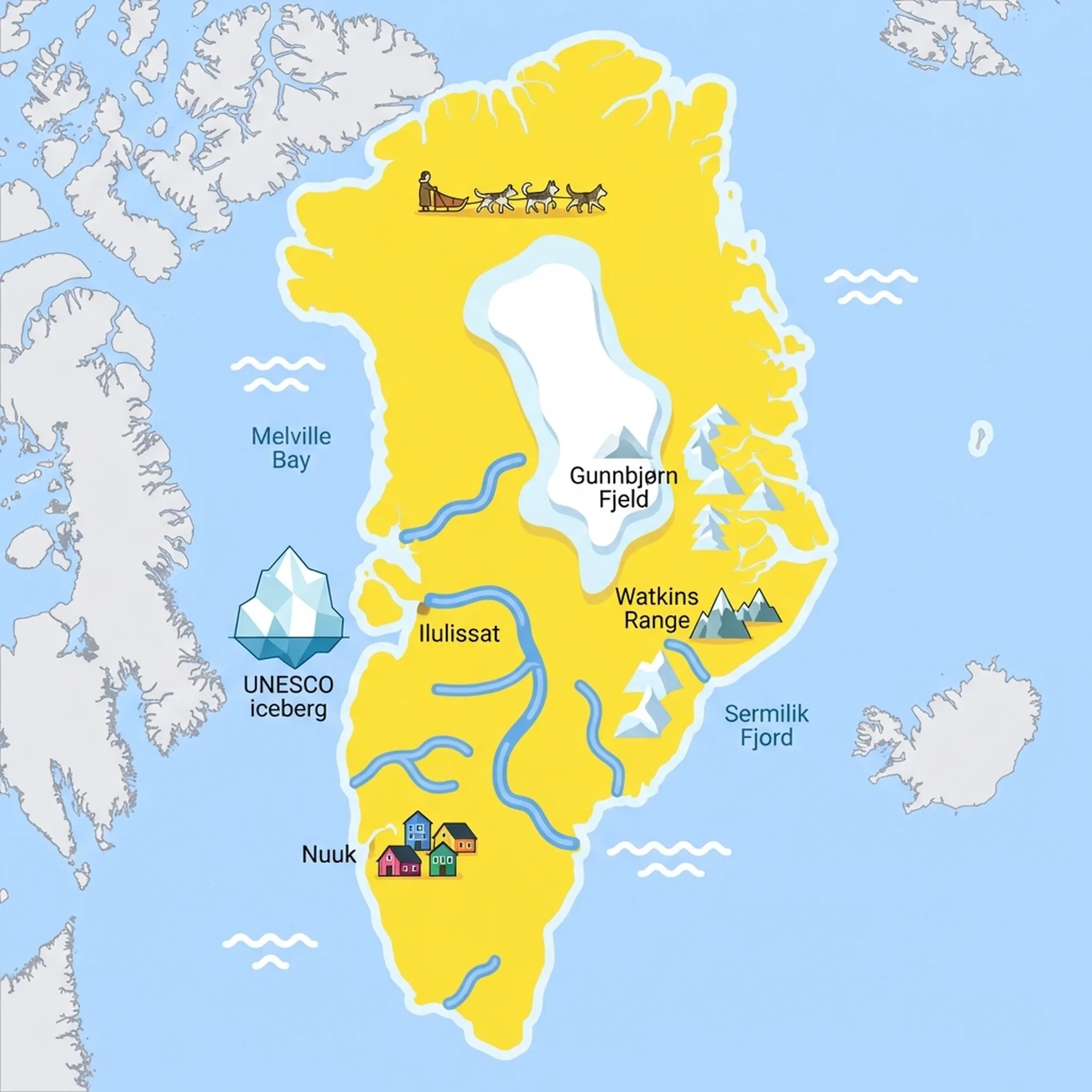 Colourful illustrated map of Greenland showing 4 tourist regions including Nuuk & Southwest, East Greenland (remote), and North Greenland (very remote), decorated with iconic landmarks like Colorful Nordic Houses, Jagged Alpine Peaks, Dog Sled Team, and Massive UNESCO Iceberg, with geographic features including Greenland Ice Sheet, Gunnbjørn Fjeld, Ilulissat Icefjord, and Disko Bay.