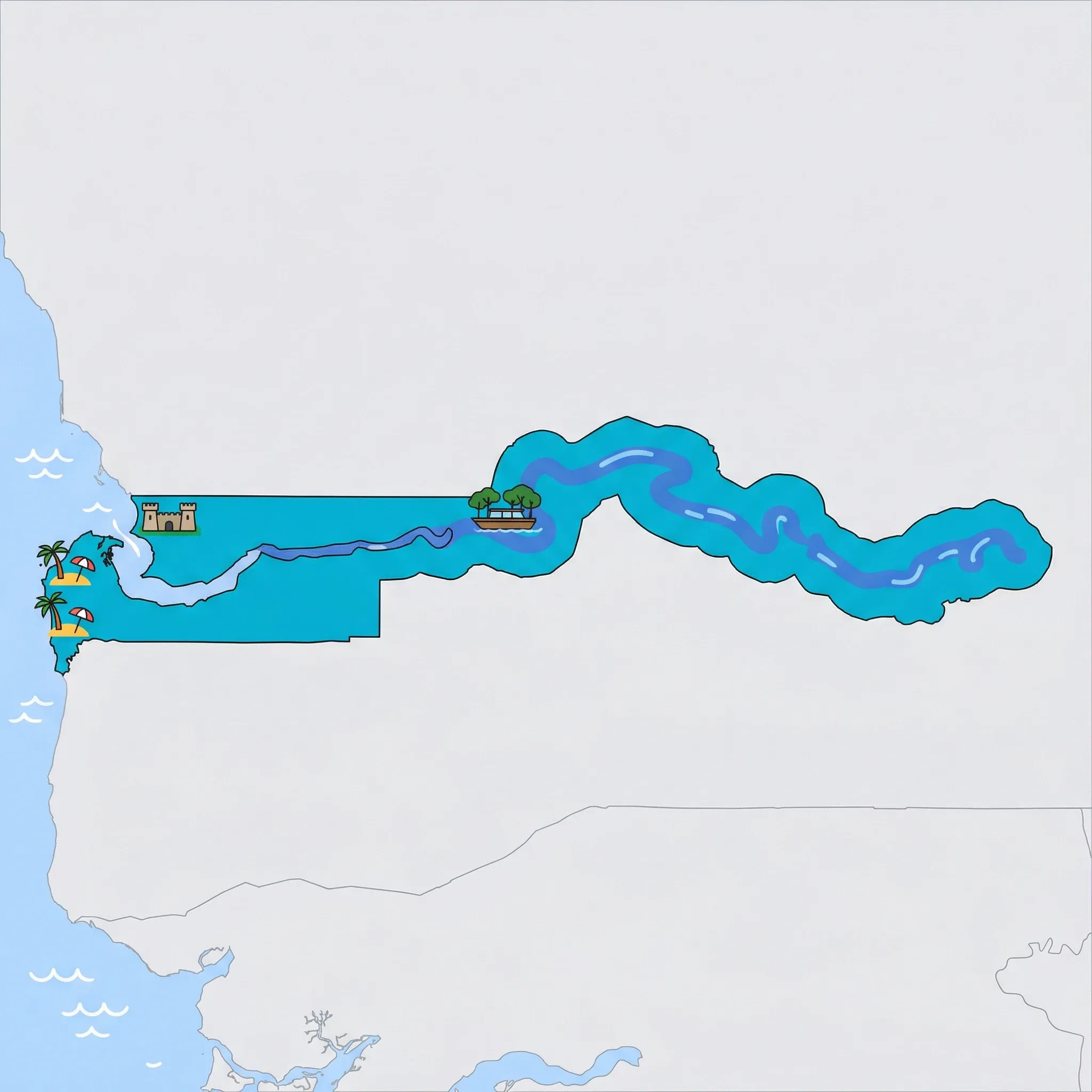 Colourful illustrated map of The Gambia showing 1 tourist regions including The Gambia, decorated with iconic landmarks like Kunta Kinteh Island, River Gambia National Park, Kotu Beach, and Kololi Beach, with geographic features including Gambia River, Atlantic Ocean, Kiang West National Park, and River Gambia National Park.