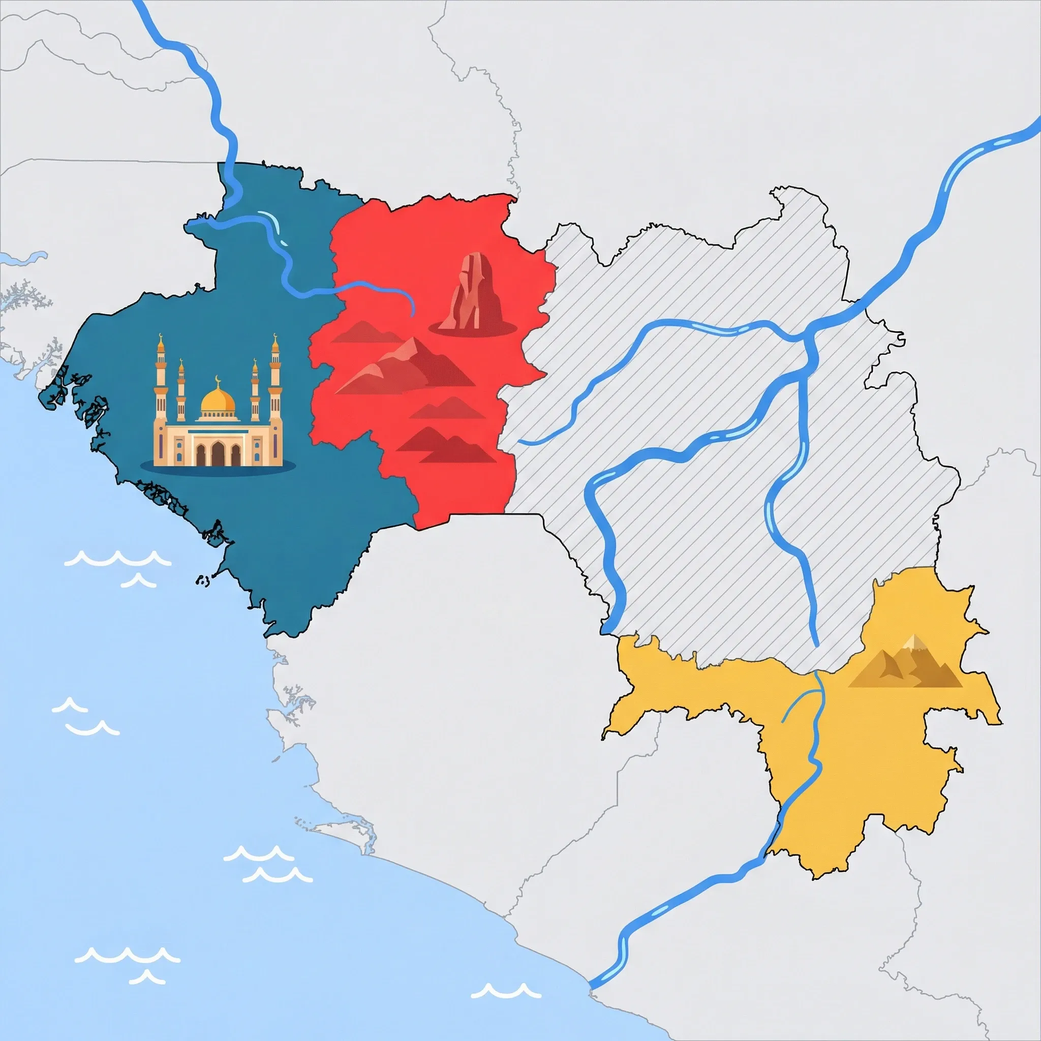 Colourful illustrated map of Guinea showing 3 tourist regions including Fouta Djallon Highlands, Conakry & Coast, Forest Region, decorated with iconic landmarks like Dame de Mali rock formation, Conakry Grand Mosque, and Mount Nimba, with geographic features including Fouta Djallon Highlands, Mount Nimba, Niger River, and Senegal River.
