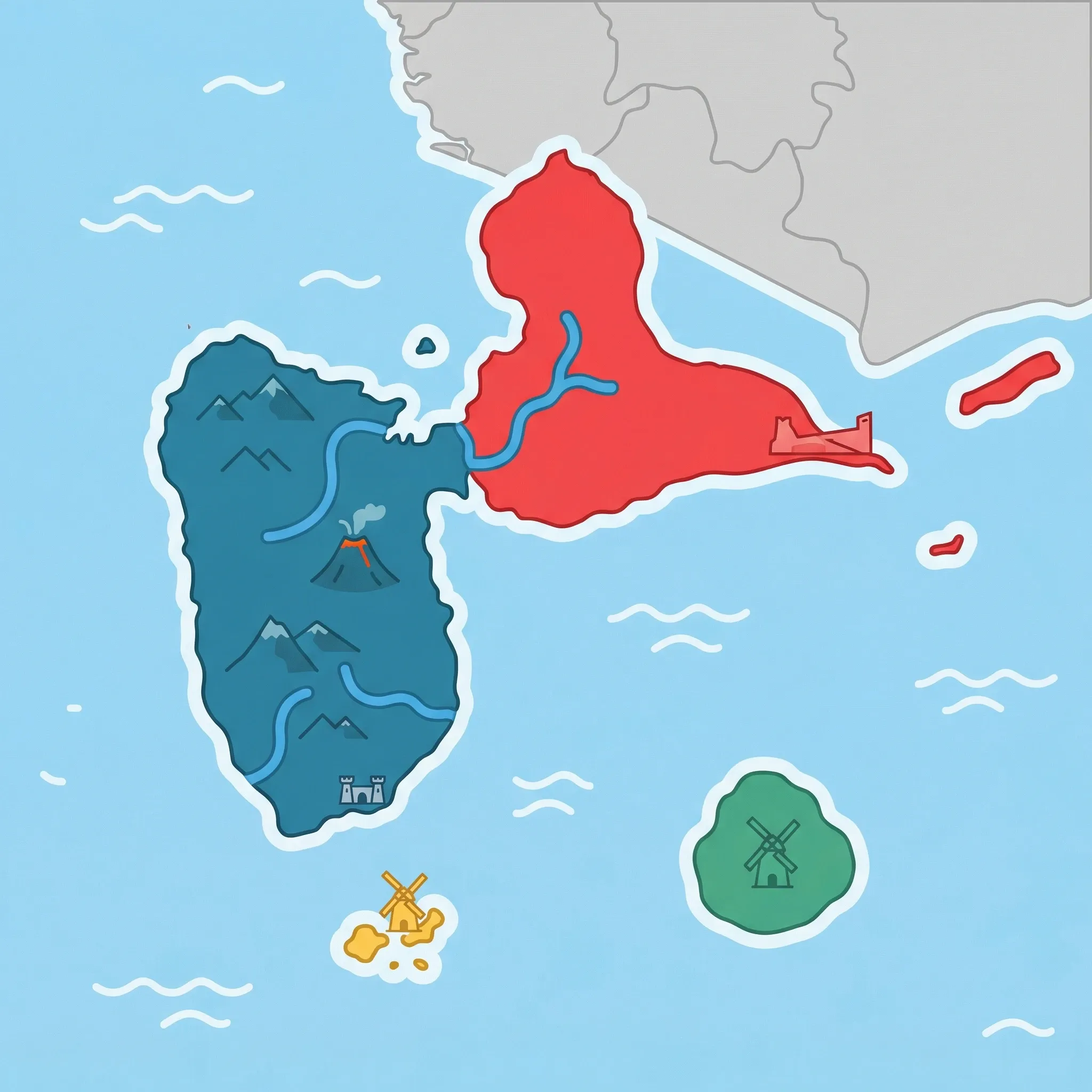 Colourful illustrated map of Guadeloupe showing 4 tourist regions including Grande-Terre, Marie-Galante, and Les Saintes, decorated with iconic landmarks like Pointe des Châteaux, Traditional Windmill, Fort Napoléon, and La Soufrière Volcano, with geographic features including La Soufrière Volcano, Carbet Falls, Grand Cul-de-Sac Marin, and Salt River.