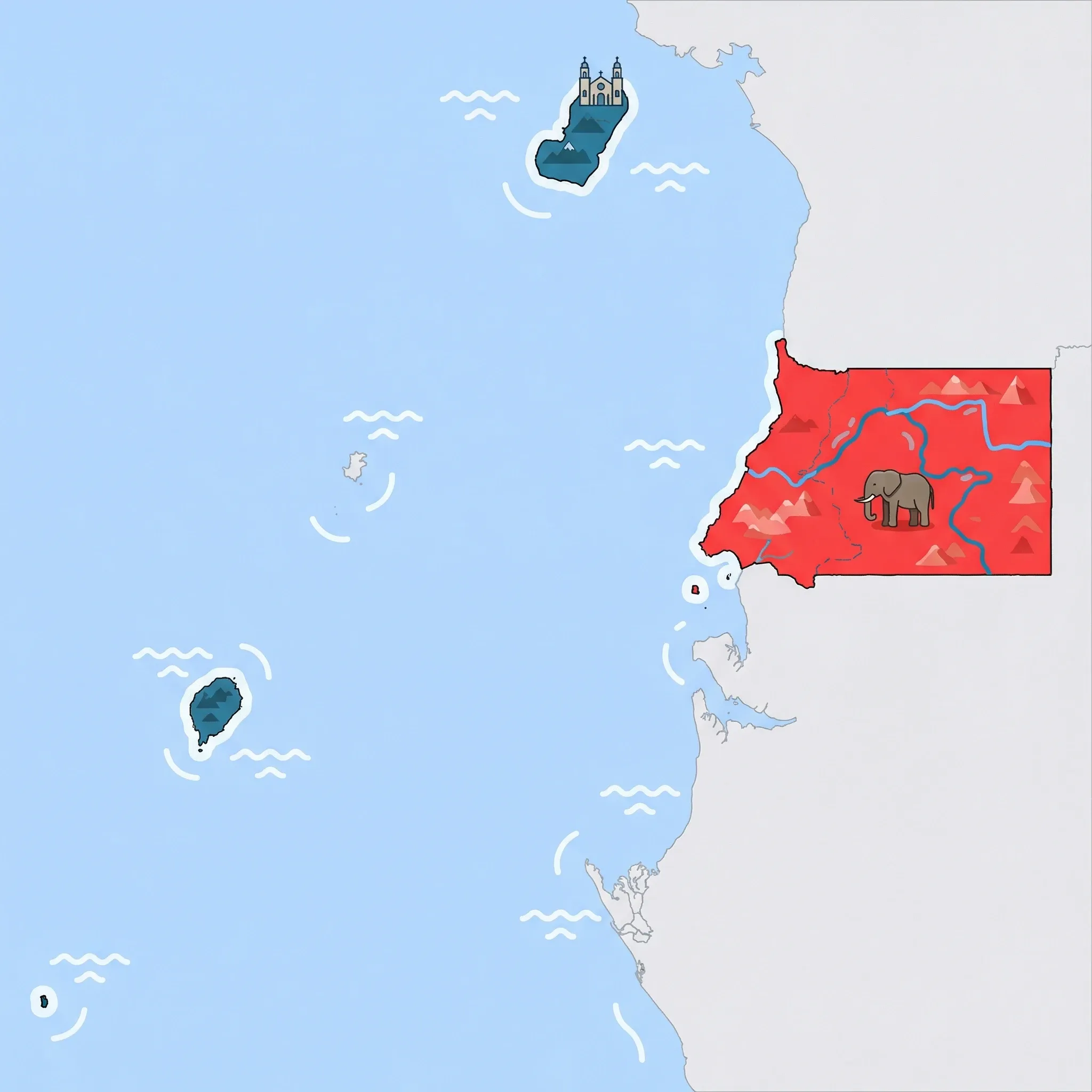 Colourful illustrated map of Equatorial Guinea showing 2 tourist regions including Malabo (Bioko Island), Bata & Continental Region, decorated with iconic landmarks like Santa Isabel Cathedral and Forest Elephant, with geographic features including Pico Basile, Rio Wele, Monte Alen Mountains, and Gulf of Guinea.
