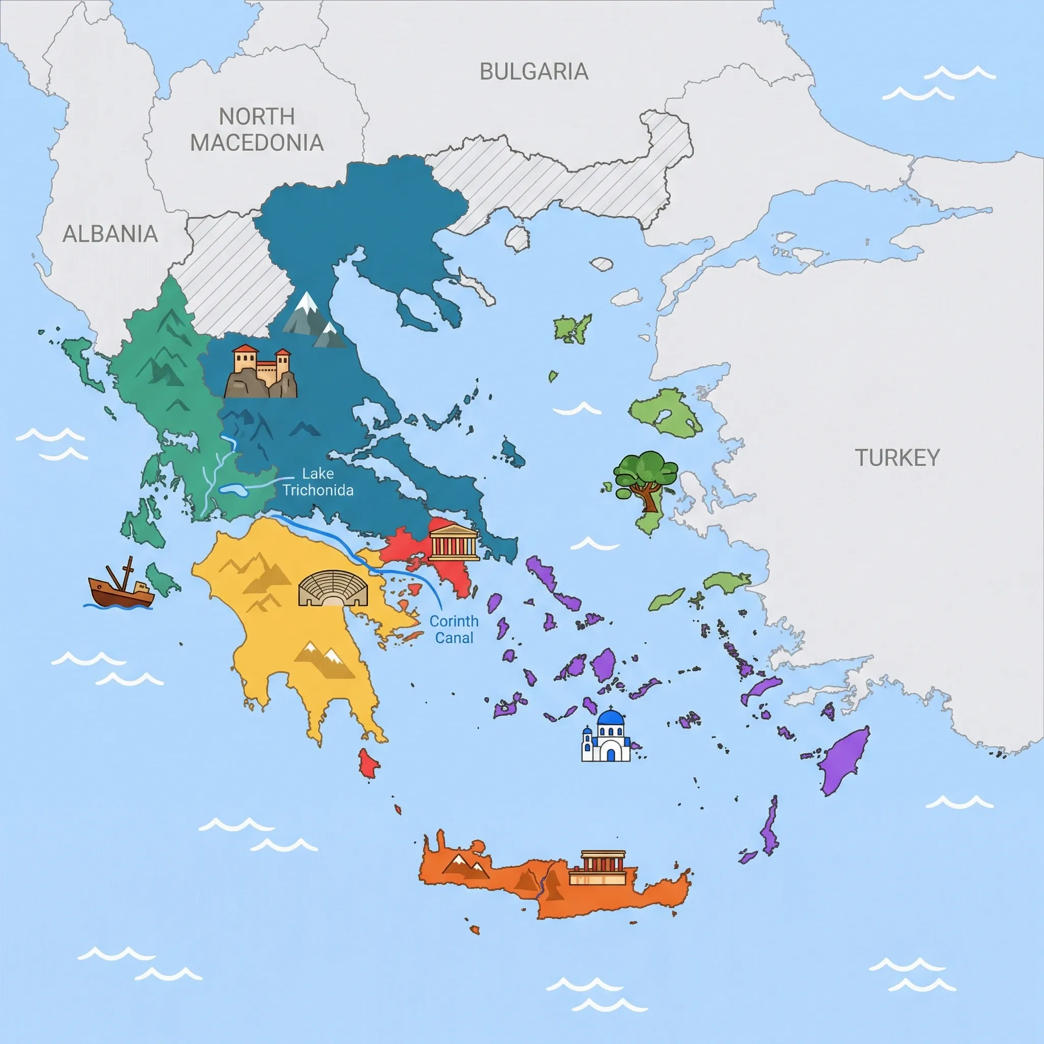 Colourful illustrated map of Greece showing 7 tourist regions including Central & Northern Greece (Thessaloniki, Meteora, Delphi, Halkidiki), North Aegean (Lesbos, Samos, Chios), and Crete, decorated with iconic landmarks like Meteora Monasteries, Chios Mastic Tree, Palace of Knossos, Navagio Shipwreck, and Santorini Blue-Domed Church, with geographic features including Mount Olympus, Pindus Mountains, Corinth Canal, and Aegean Sea.