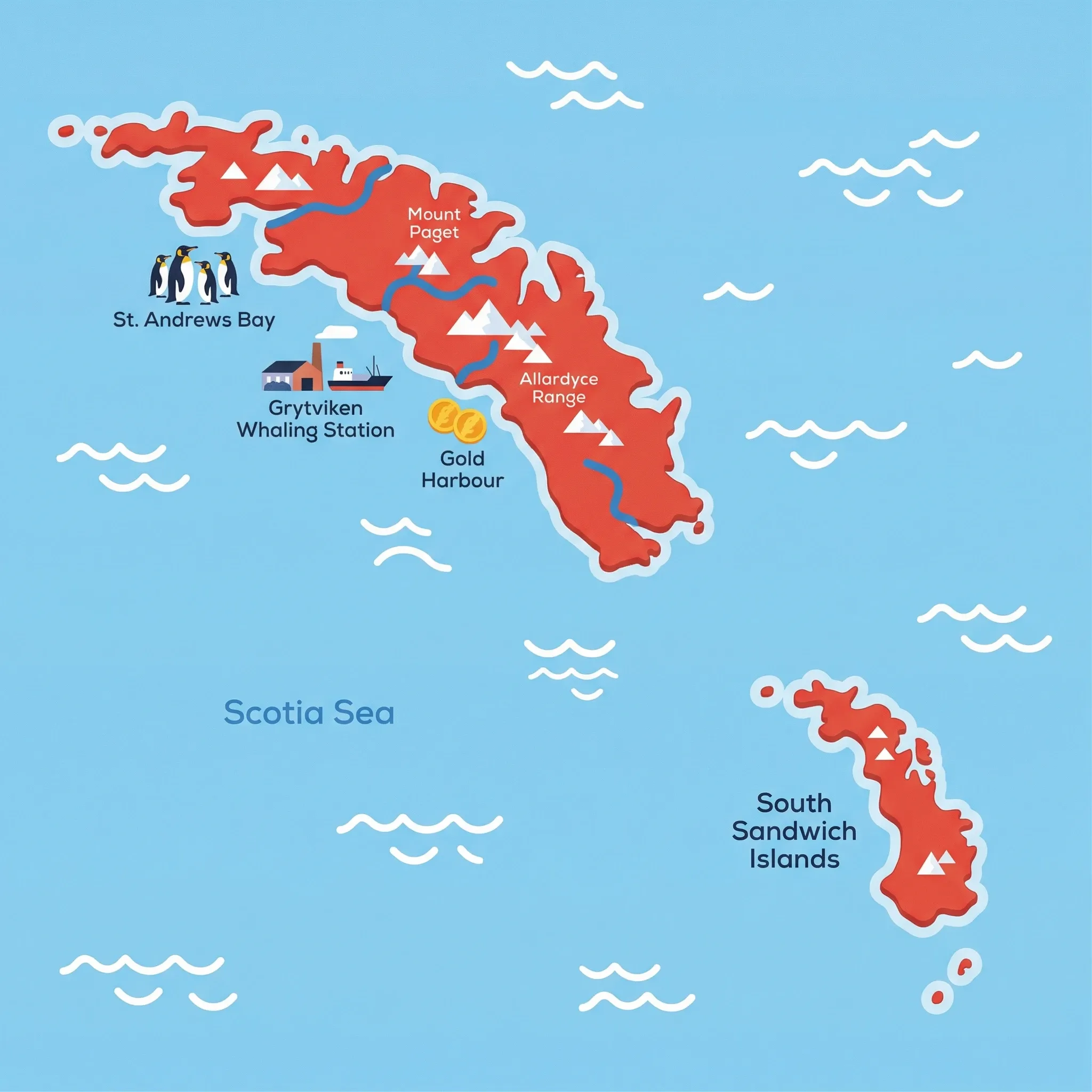 Colourful illustrated map of South Georgia and the South Sandwich Islands showing 1 tourist regions including South Georgia and the South Sandwich Islands, decorated with iconic landmarks like St. Andrews Bay King Penguin Colony, Grytviken Whaling Station and Museum, St Andrews Bay, and Gold Harbour, with geographic features including Mount Paget, Allardyce Range, Salisbury Plain, and Grytviken.