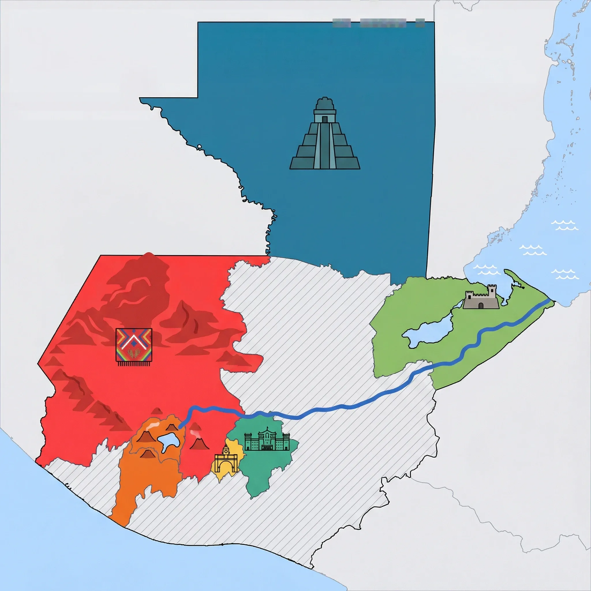 Colourful illustrated map of Guatemala showing 6 tourist regions including Chichicastenango & Highlands, Lake Atitlán, and Tikal & Petén, decorated with iconic landmarks like Traditional Maya Textiles, Volcanic Caldera Lake, Temple of the Great Jaguar, Santa Catalina Arch, and Castillo de San Felipe de Lara, with geographic features including Sierra Madre, Sierra de los Cuchumatanes, Motagua River, and Lake Atitlán.
