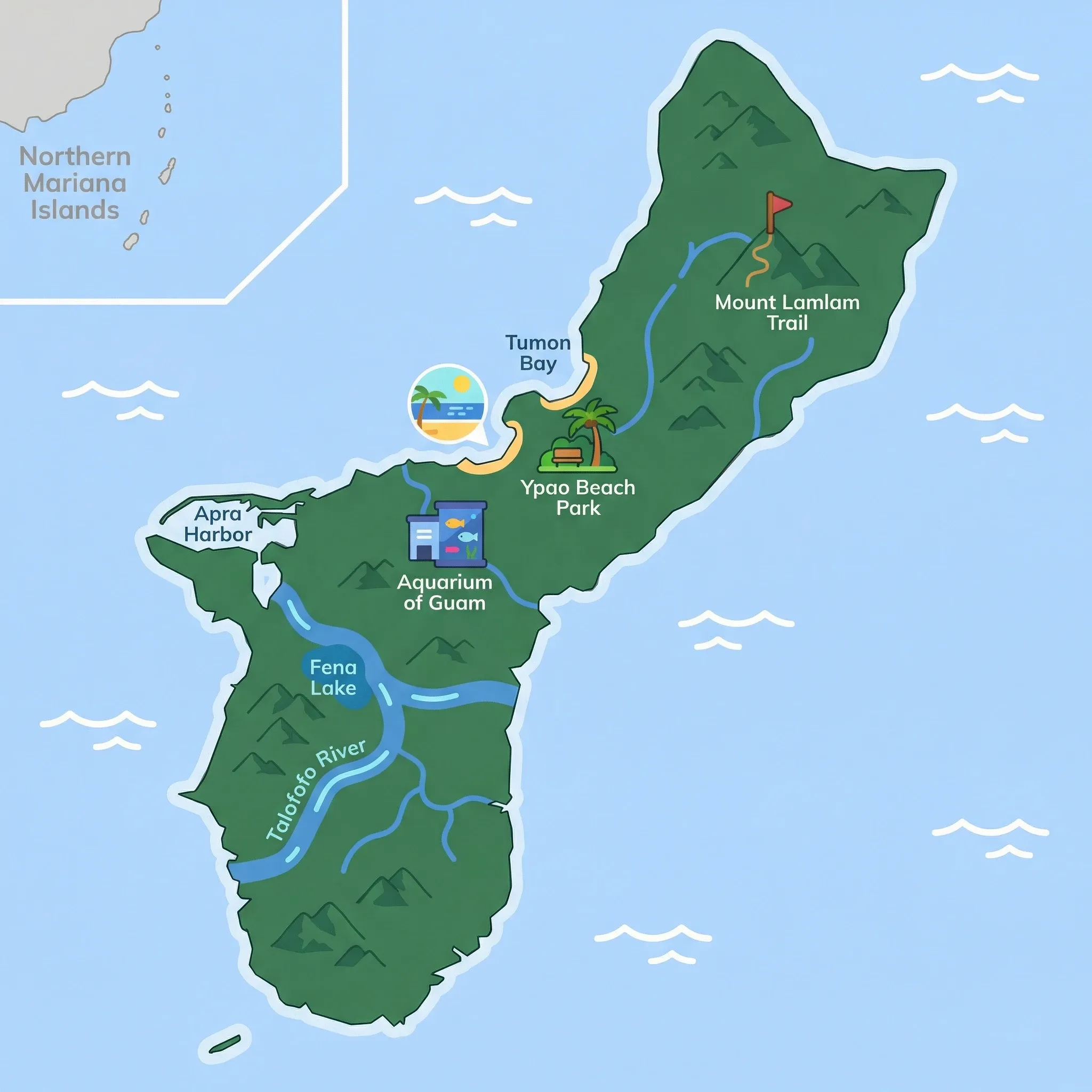 Colourful illustrated map of Guam showing 1 tourist regions including Guam (US territory), decorated with iconic landmarks like Tumon Bay, Ypao Beach Park, Aquarium of Guam, and Mount Lamlam Trail, with geographic features including Mount Lamlam, Talofofo River, Tumon Bay, and Fena Lake.