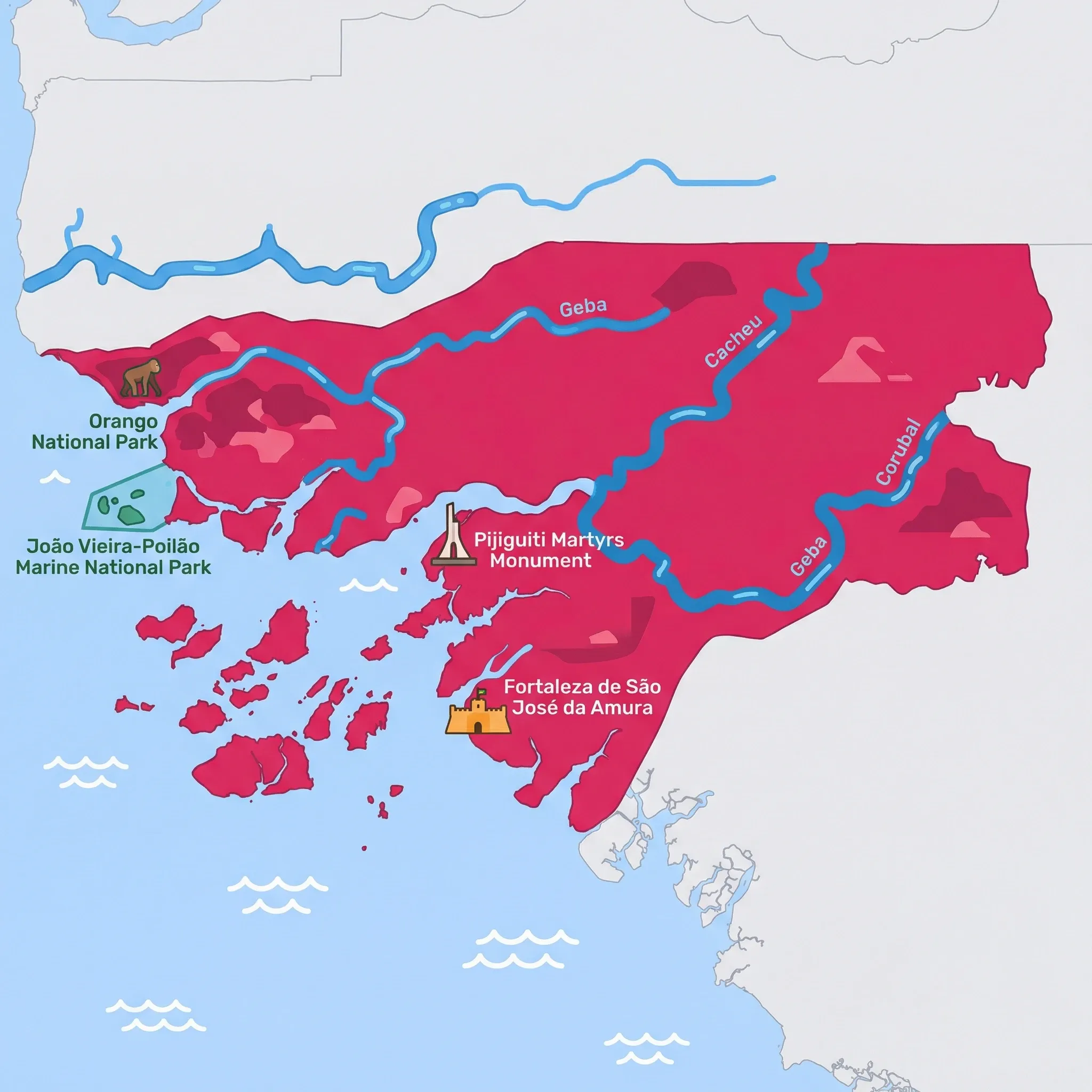 Colourful illustrated map of Guinea-Bissau showing 1 tourist regions including Guinea-Bissau, decorated with iconic landmarks like Orango National Park, João Vieira-Poilão Marine National Park, Pijiguiti Martyrs Monument, and Fortaleza de São José da Amura, with geographic features including Bijagós Archipelago, Geba River, Cacheu River, and Corubal River.