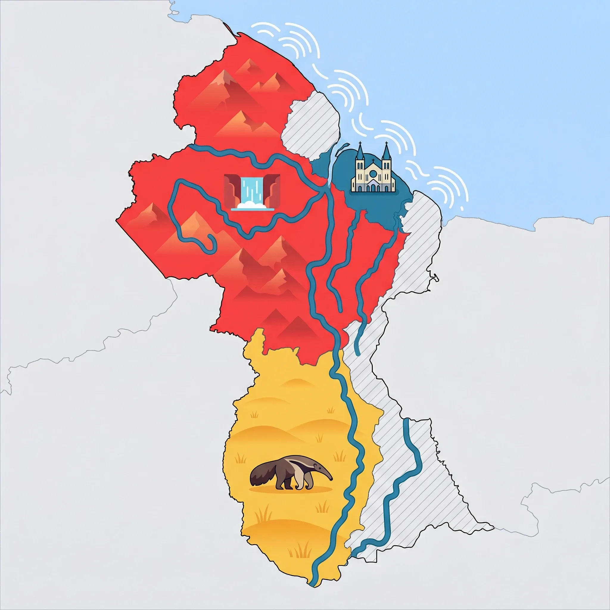 Colourful illustrated map of Guyana showing 3 tourist regions including Rupununi Savannah, Georgetown, Kaieteur Falls & Interior, decorated with iconic landmarks like Giant Anteater, St. George's Cathedral, and Kaieteur Falls, with geographic features including Essequibo River, Demerara River, Mount Roraima, and Pakaraima Mountains.
