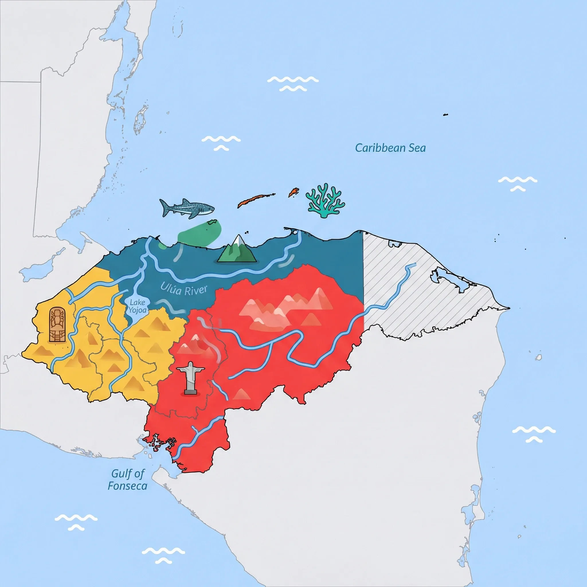 Colourful illustrated map of Honduras showing 5 tourist regions including Utila (diving), Roatán & Bay Islands, and Tegucigalpa, decorated with iconic landmarks like Whale Shark, Turquoise Coral Reef, Cristo del Picacho Statue, Pico Bonito Mountain, and Maya Stela, with geographic features including Mesoamerican Barrier Reef, Lake Yojoa, Ulúa River, and Pico Bonito.