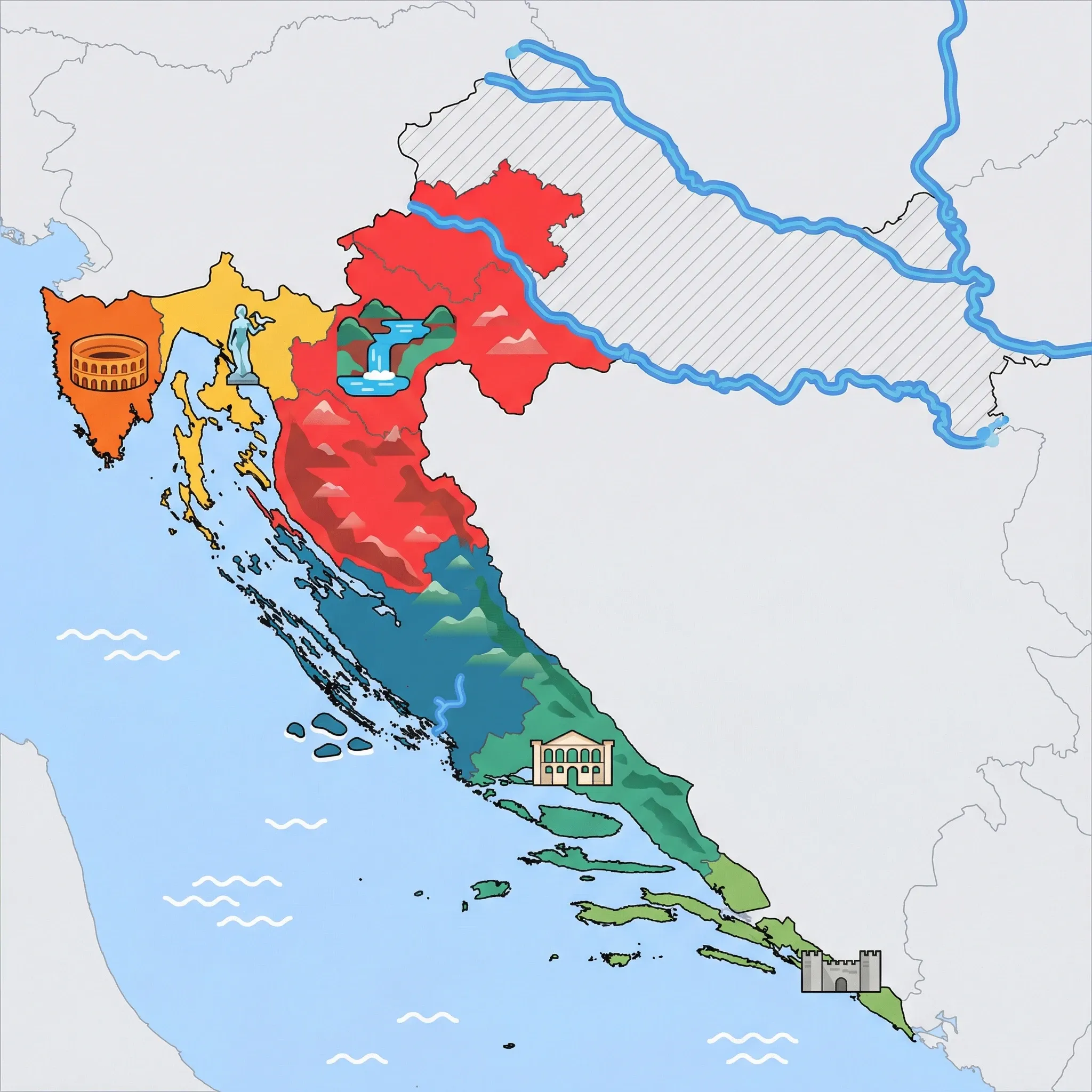 Colourful illustrated map of Croatia showing 6 tourist regions including Kvarner Gulf Coast, Istrian Peninsula, and Northern Dalmatian Coast, decorated with iconic landmarks like Maiden with the Seagull Statue, Pula Arena, Kornati Islands, Plitvice Lakes, and Diocletian's Palace, with geographic features including Adriatic Sea, Dinaric Alps, Velebit Mountain Range, and Danube River.