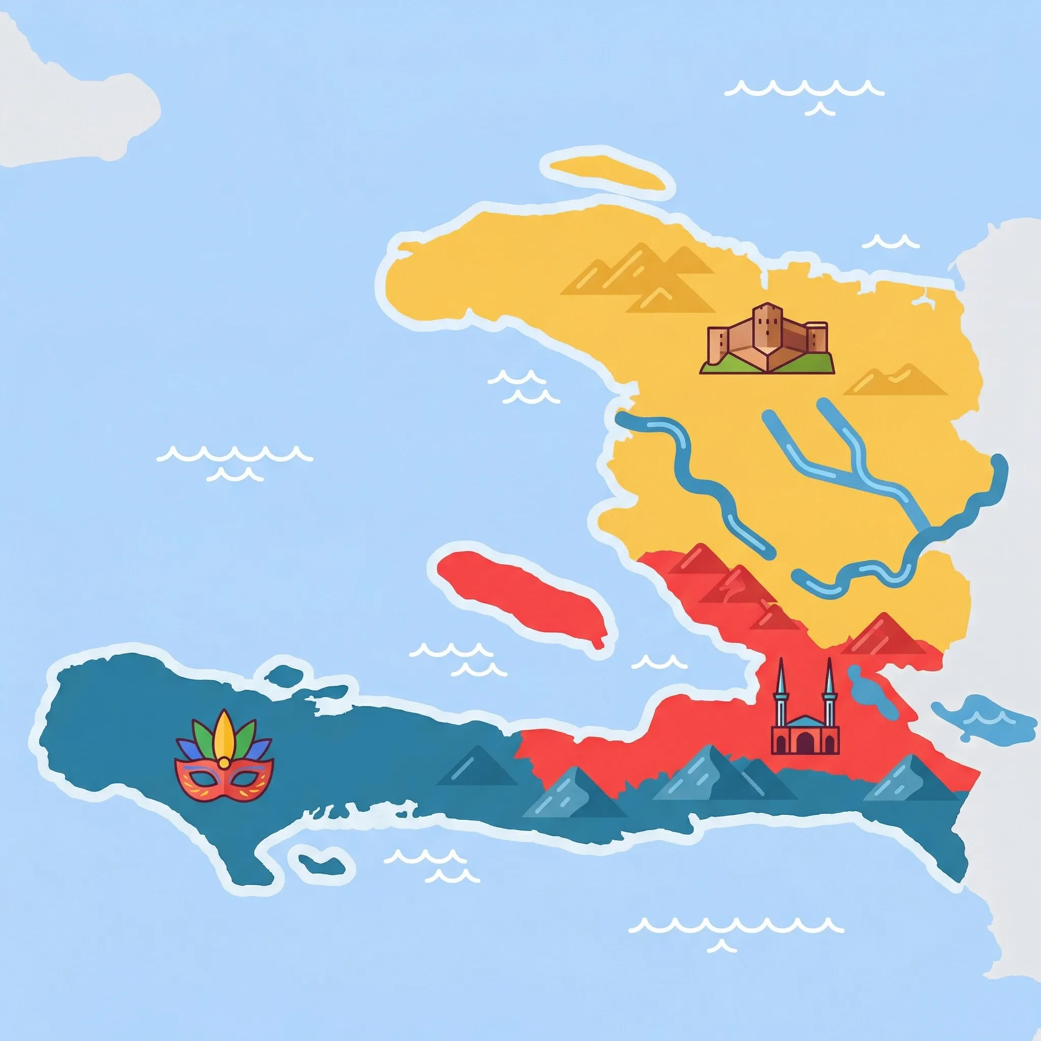Colourful illustrated map of Haiti showing 3 tourist regions including Jacmel & South, Port-au-Prince, Cap-Haïtien & North, decorated with iconic landmarks like Papier-Mâché Carnival Mask, Iron Market Minarets, and Citadelle Laferrière, with geographic features including Massif du Nord, Chaîne de la Selle, Gulf of Gonâve, and Artibonite River.