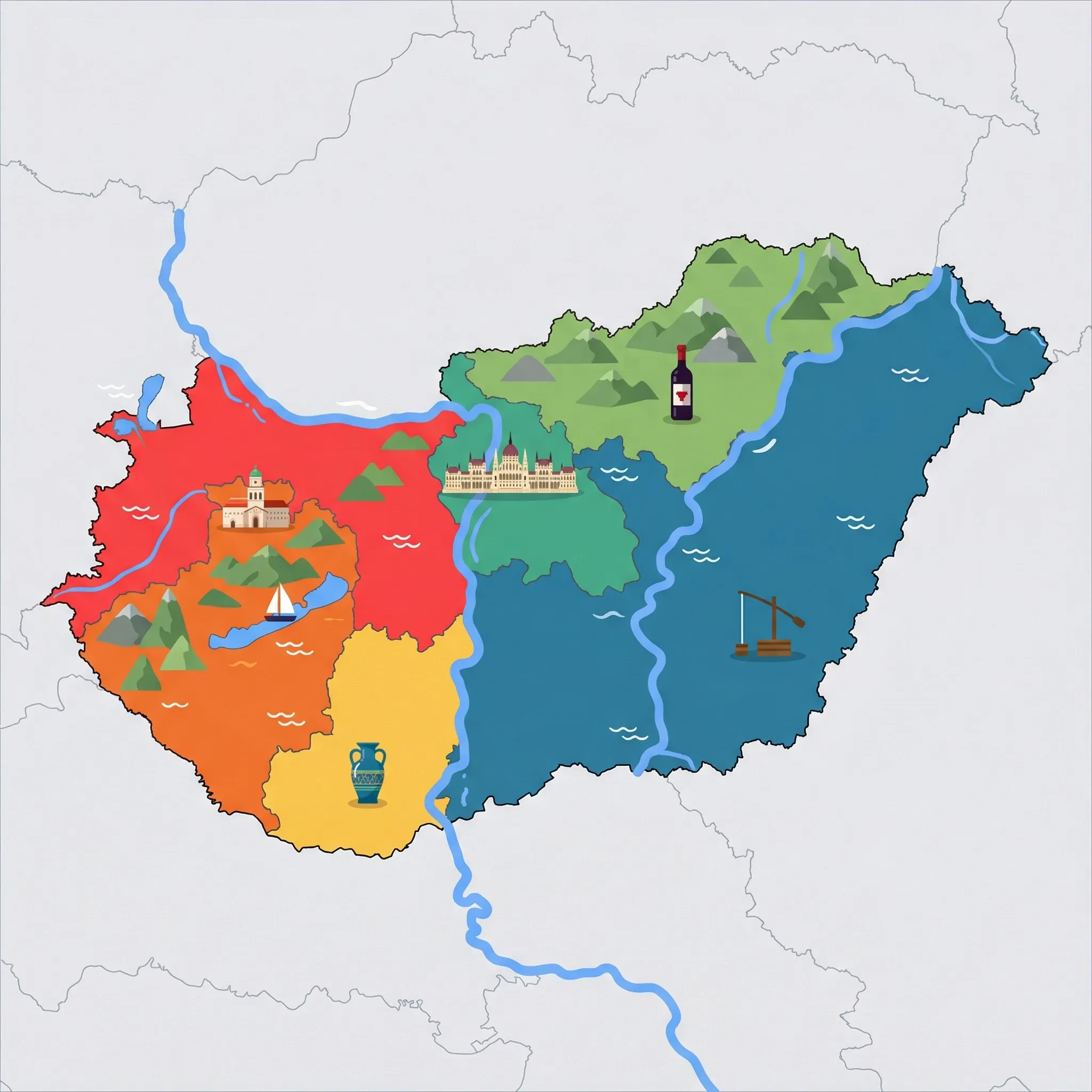 Colourful illustrated map of Hungary showing 6 tourist regions including Budapest (standalone), Eger & Northern Highlands (wine), and Western Hungary (Sopron, Győr), decorated with iconic landmarks like Hungarian Parliament Building, Egri Bikavér Wine Bottle, Pannonhalma Archabbey, Zsolnay Ceramic Vase, and Sailboat, with geographic features including Danube River, Lake Balaton, Tisza River, and Mátra Mountains.