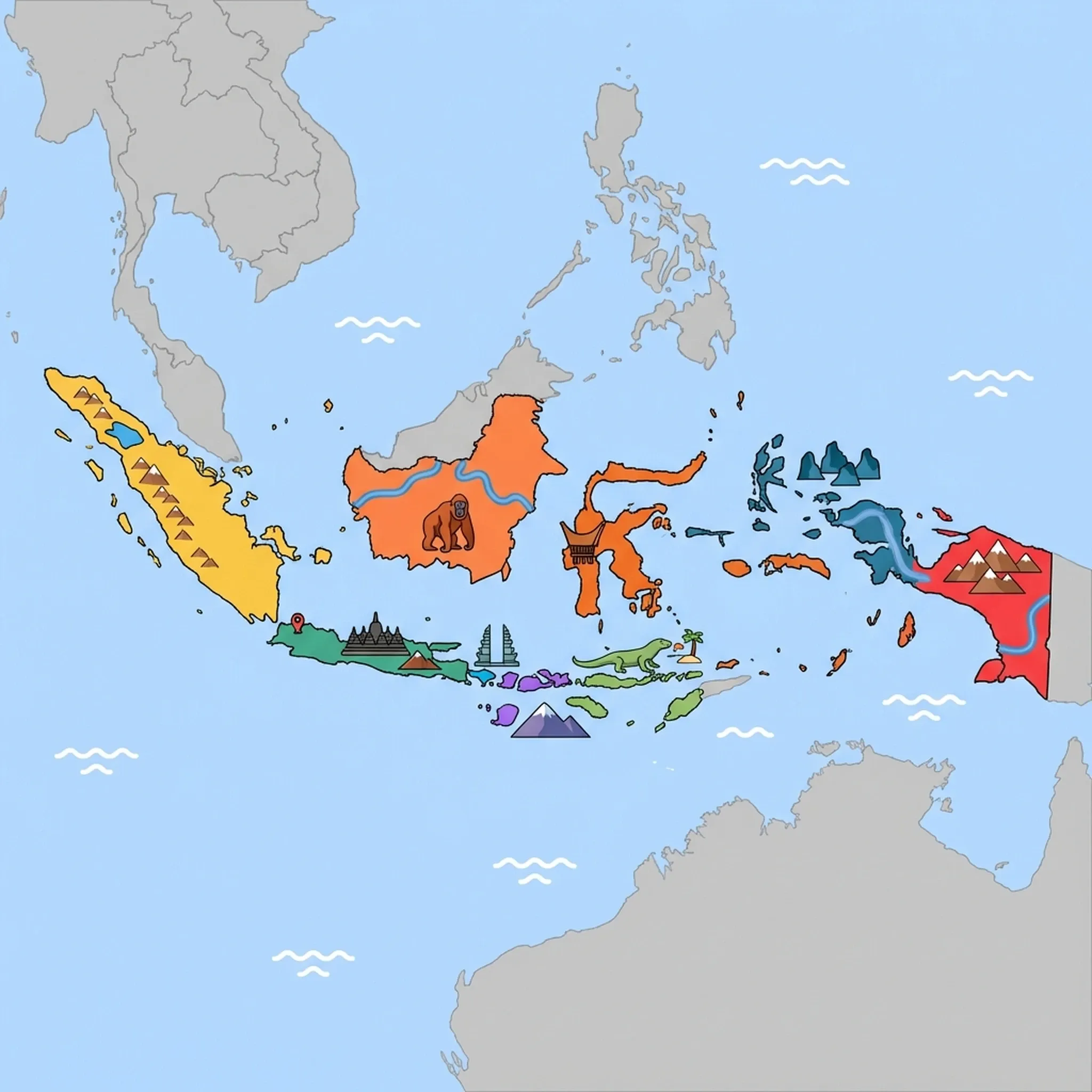 Colourful illustrated map of Indonesia showing 9 tourist regions including Sulawesi (Toraja), Raja Ampat, and Java (Jakarta, Yogyakarta, Bromo), decorated with iconic landmarks like Tongkonan House, Wayag Karst Islands, Borobudur Temple, Puncak Jaya (Carstensz Pyramid), and Lake Toba, with geographic features including Lake Toba, Mount Bromo, Barisan Mountains, and Kapuas River.