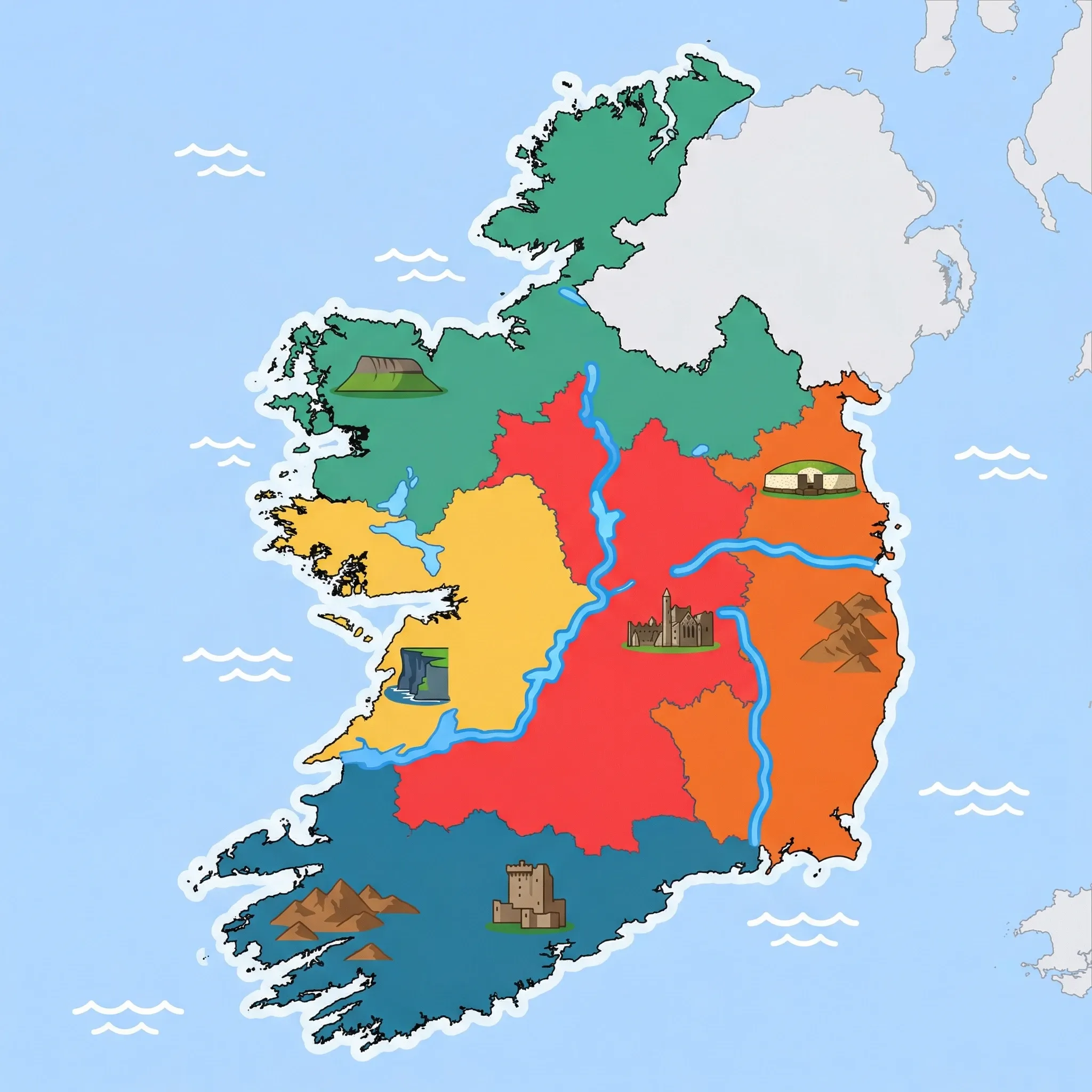 Colourful illustrated map of Ireland showing 5 tourist regions including Wild Atlantic Way South (Cork, Kerry, Ring of Kerry), West & Connemara, and Wild Atlantic Way North (Clare, Galway, Cliffs of Moher), decorated with iconic landmarks like Blarney Castle, Benbulbin Mountain, Cliffs of Moher, Newgrange Passage Tomb, and Rock of Cashel, with geographic features including River Shannon, Wicklow Mountains, MacGillycuddy's Reeks, and Cliffs of Moher.