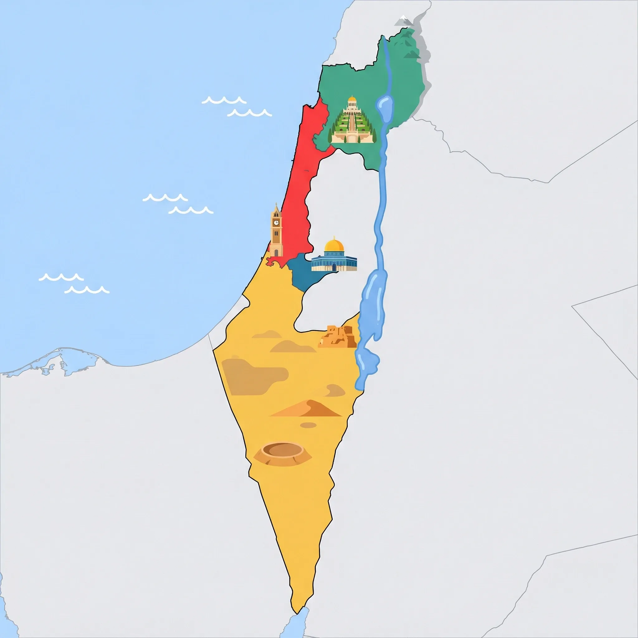 Colourful illustrated map of Israel showing 4 tourist regions including Jerusalem, Tel Aviv & Coast, and Southern Israel (Negev, Dead Sea & Eilat), decorated with iconic landmarks like Dome of the Rock, Jaffa Clock Tower, Masada Fortress, and Bahá'í Gardens, with geographic features including Mediterranean Sea, Dead Sea, Sea of Galilee, and Jordan River.