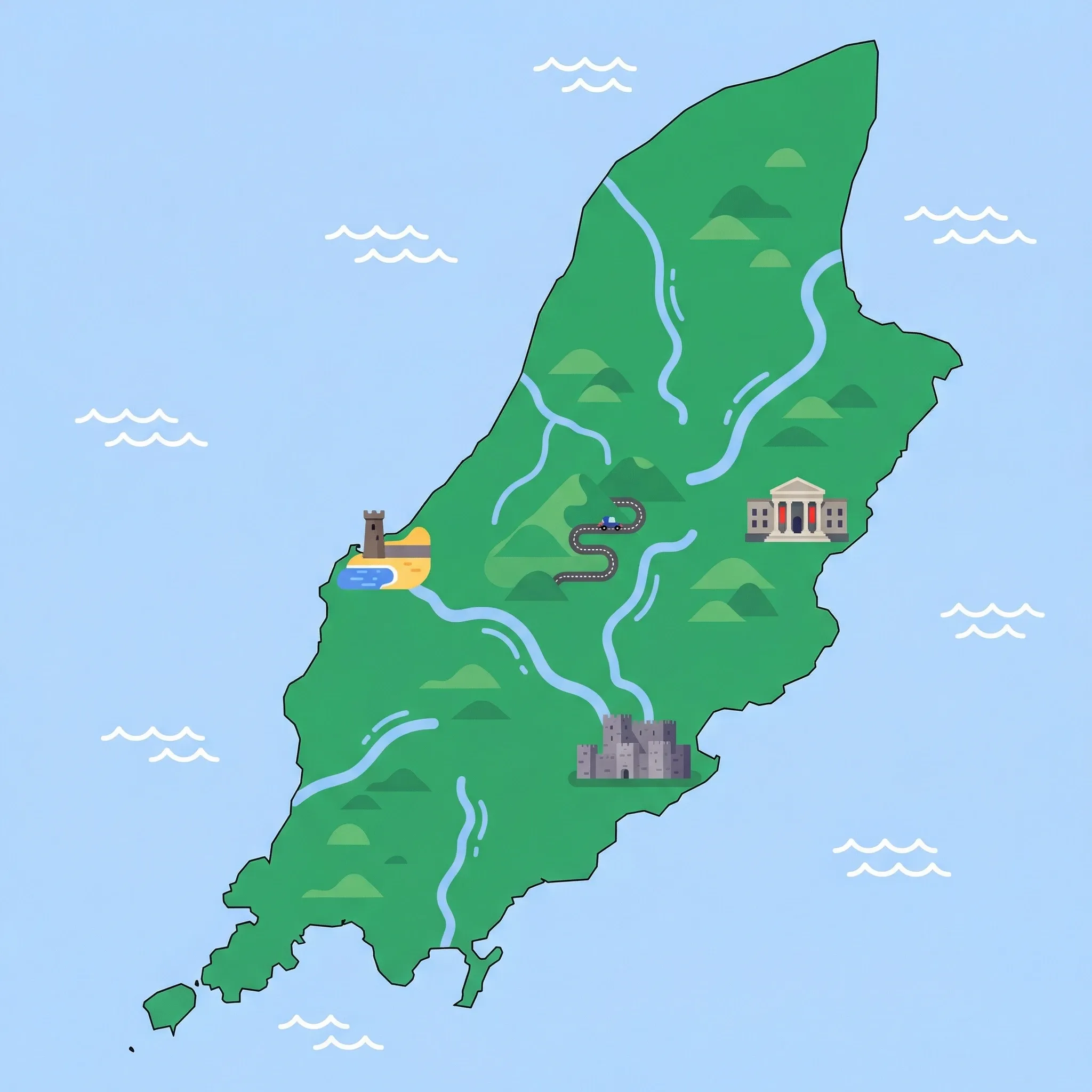 Colourful illustrated map of Isle of Man showing 1 tourist regions including Isle of Man, decorated with iconic landmarks like Manx Museum, Castle Rushen, Snaefell Mountain Course, and Peel Beach, with geographic features including Snaefell, Irish Sea, Calf of Man, and Sulby River.