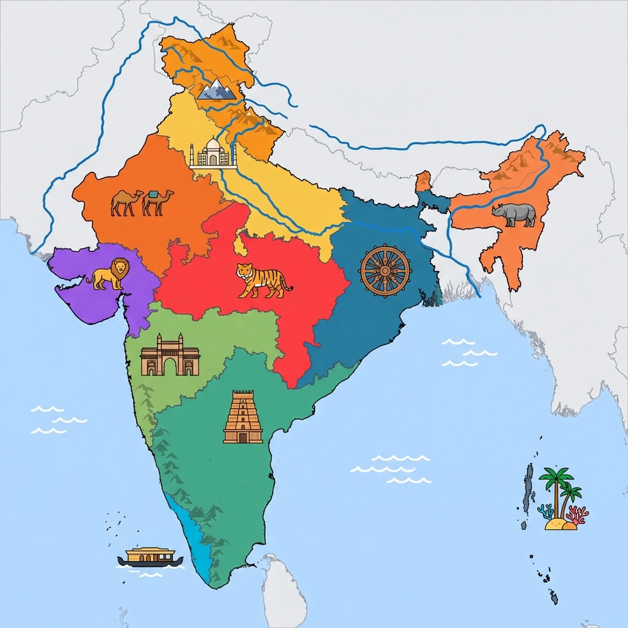 Colourful illustrated map of India showing 11 tourist regions including Himalayan North India, Malabar Coast & Western Ghats, and Central India & Tribal Heartland, decorated with iconic landmarks like Snow-capped Himalayan Peak, Keralan Houseboat, Bengal Tiger, Konark Sun Temple Wheel, and Camel Caravan, with geographic features including Himalayan Mountains, Ganges River, Thar Desert, and Western Ghats.