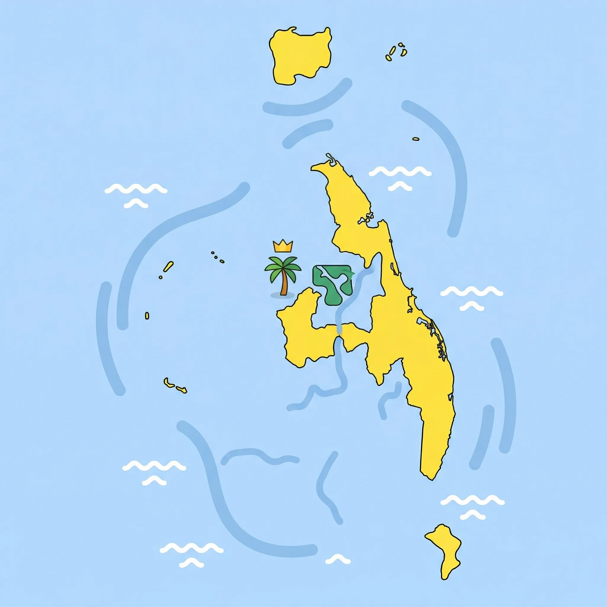 Colourful illustrated map of British Indian Ocean Territory showing 1 tourist regions including British Indian Ocean Territory, decorated with iconic landmarks like Palm Tree and Crown and British Indian Ocean Territory National Park, with geographic features including Chagos Archipelago, Diego Garcia, Great Chagos Bank, and Indian Ocean.