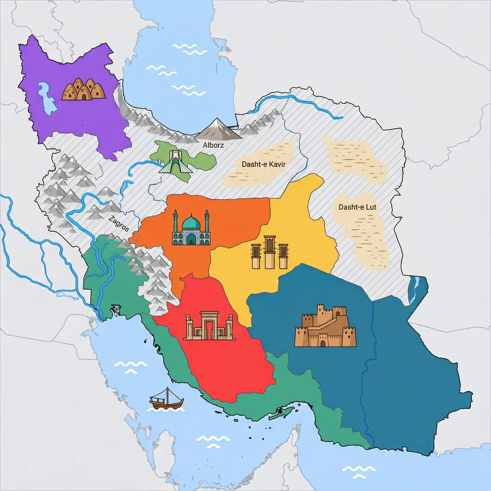 Colourful illustrated map of Iran showing 7 tourist regions including Tehran, Yazd, and Kerman & Southeast, decorated with iconic landmarks like Azadi Tower, Badgir Windcatcher Towers, Arg-e Bam Adobe Citadel, Kandovan Cone Houses, and Persepolis Gate of All Nations, with geographic features including Alborz Mountains, Zagros Mountains, Mount Damavand, and Dasht-e Kavir.