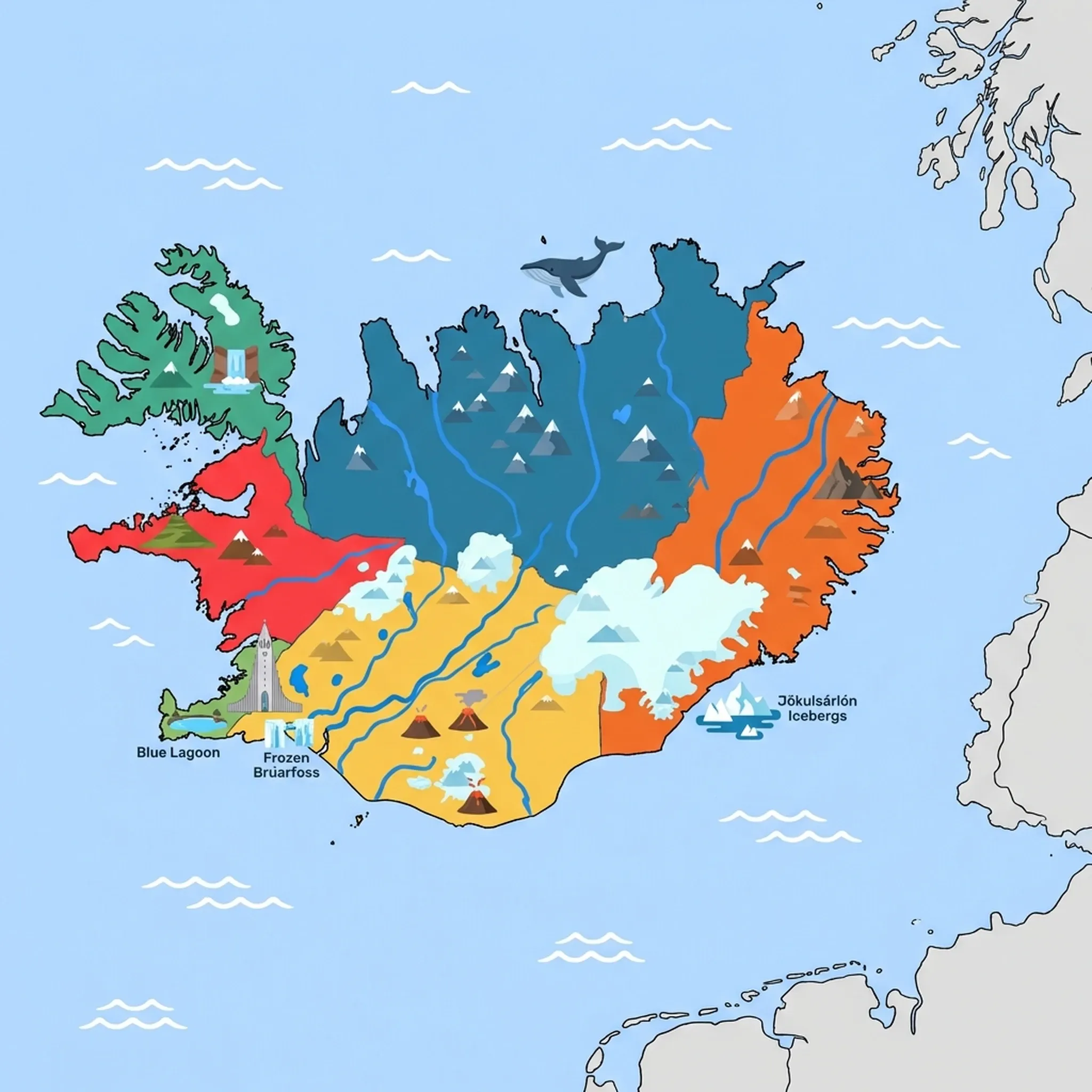 Colourful illustrated map of Iceland showing 6 tourist regions including East Fjords, Westfjords, and North Iceland (Akureyri, Mývatn), decorated with iconic landmarks like Vestrahorn Mountain, Dynjandi Waterfall, Humpback Whale, Kirkjufell Mountain, and Hallgrímskirkja, with geographic features including Vatnajökull Glacier, Langjökull Glacier, Mýrdalsjökull Glacier, and Hekla Volcano.