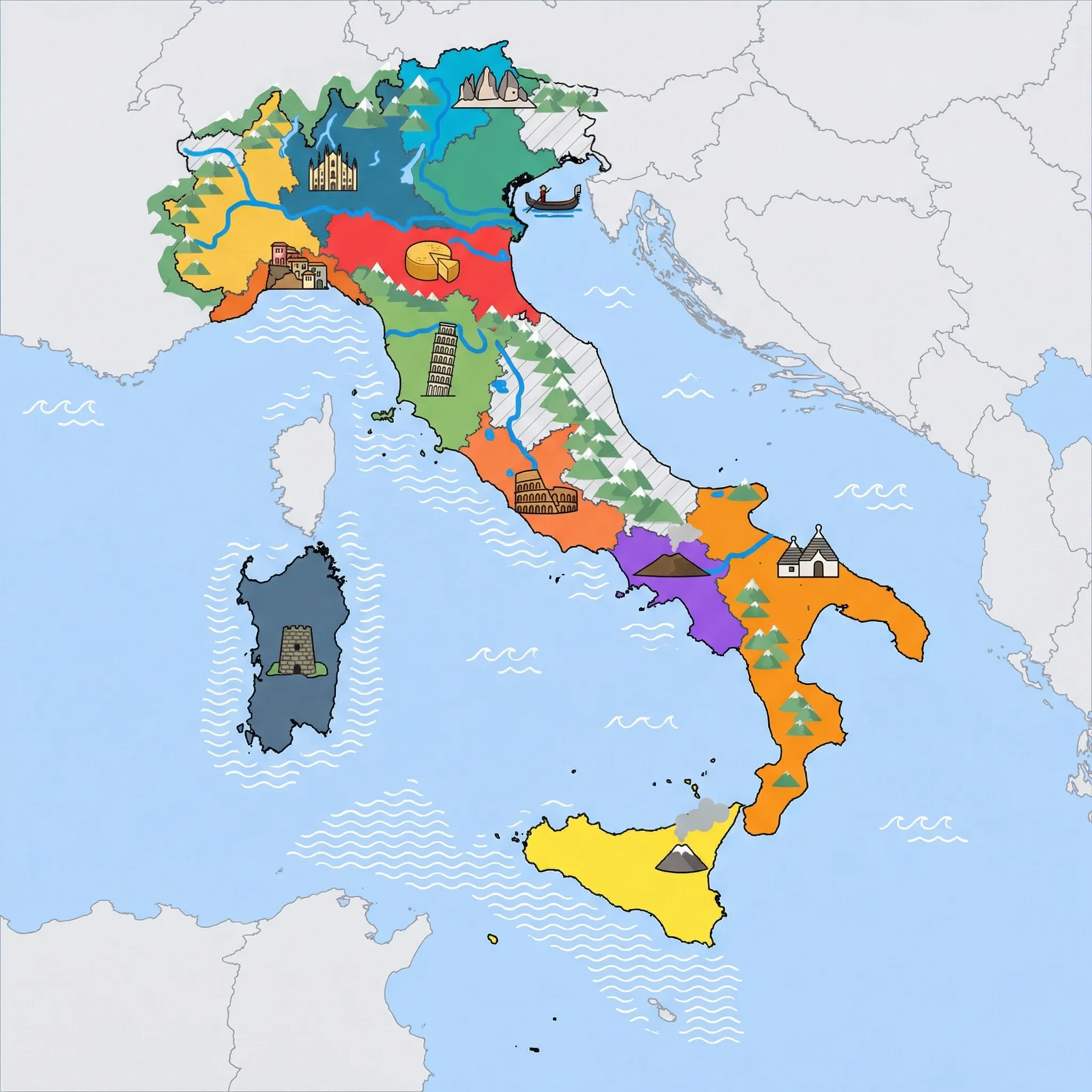 Colourful illustrated map of Italy showing 12 tourist regions including Puglia & Southern Italy, Venice & Veneto, and Naples & Campania (Amalfi, Pompeii), decorated with iconic landmarks like Conical trullo house, Venetian gondola, Mount Vesuvius volcano, Milan Cathedral spire, and Classic lakeside villa, with geographic features including Alps, Dolomites, Apennine Mountains, and Po River.