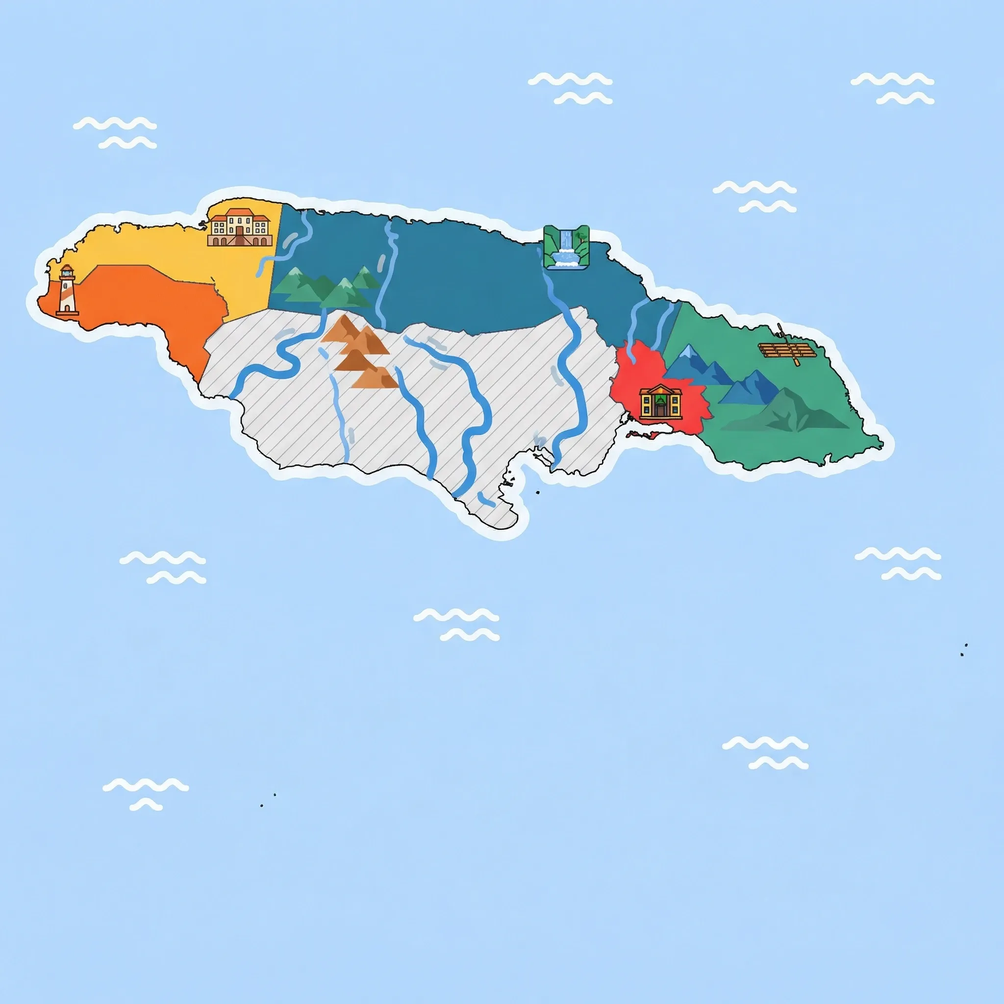 Colourful illustrated map of Jamaica showing 5 tourist regions including Ocho Rios & North Coast, Kingston & Blue Mountains, and Port Antonio & East, decorated with iconic landmarks like Dunn's River Falls, Bob Marley Museum, Bamboo Raft, Rose Hall Great House, and Negril Lighthouse, with geographic features including Blue Mountains, John Crow Mountains, Cockpit Country, and Dry Harbour Mountains.