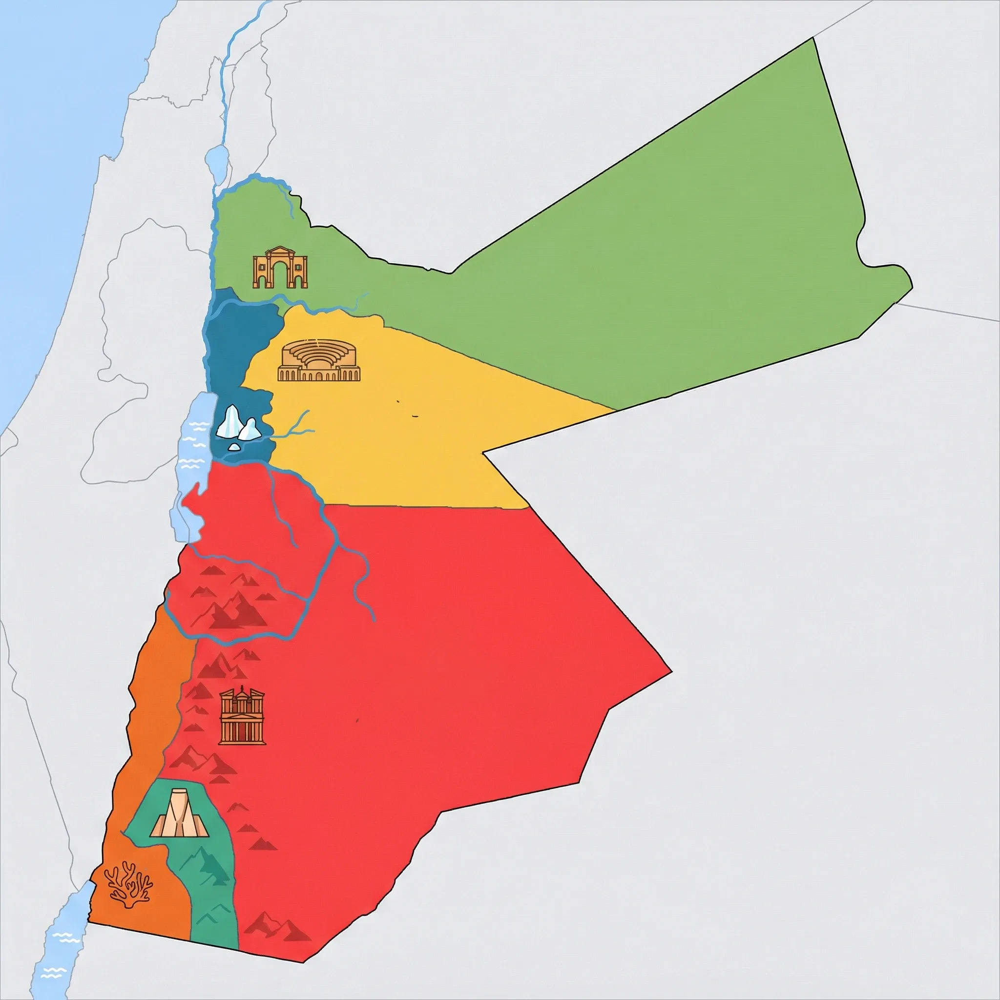 Colourful illustrated map of Jordan showing 6 tourist regions including Amman, Dead Sea, and Aqaba & Red Sea, decorated with iconic landmarks like Roman Theatre, Salt Crystal Formations, Coral Reef, Seven Pillars of Wisdom, and Arch of Hadrian, with geographic features including Dead Sea, Jordan River, Gulf of Aqaba, and Wadi Rum Desert.