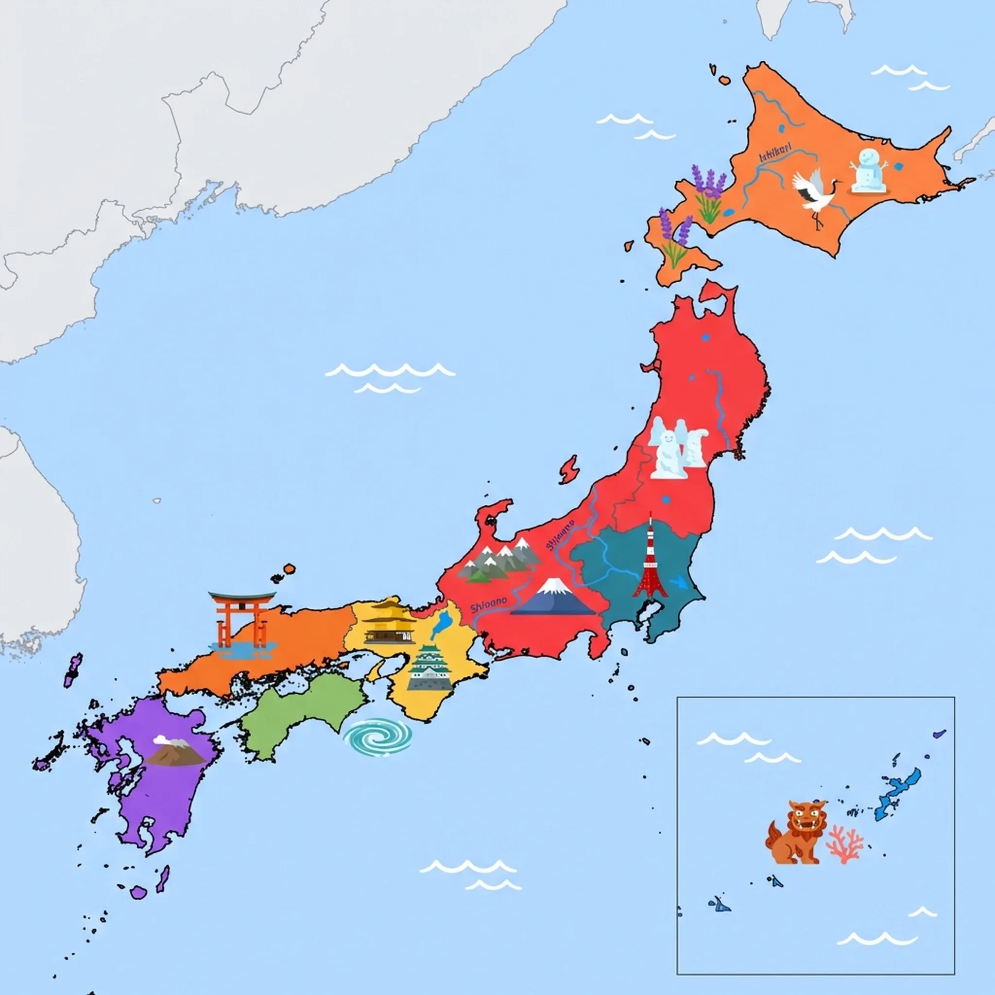 Colourful illustrated map of Japan showing 9 tourist regions including Chūgoku & Western Honshu, Kyoto & Classical Japan, and Kantō & Tokyo Megalopolis, decorated with iconic landmarks like Itsukushima Floating Torii Gate, Kinkaku-ji Golden Pavilion, Edo Castle, Tokyo Tower, and Mount Aso Volcano, with geographic features including Japanese Alps, Mount Fuji, Lake Biwa, and Seto Inland Sea.